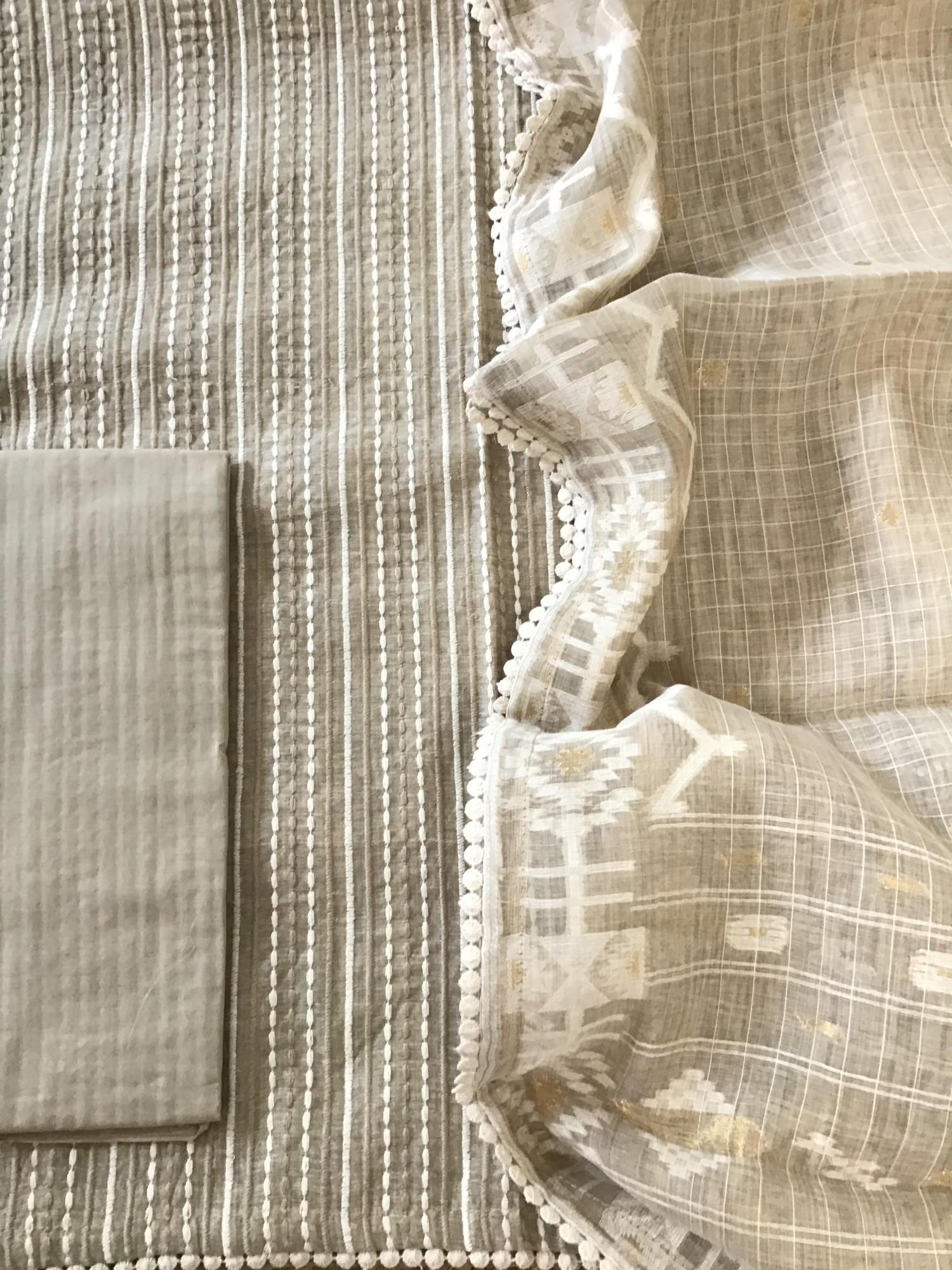 Soft Slub Chanderi Embroidered Suit - Beige