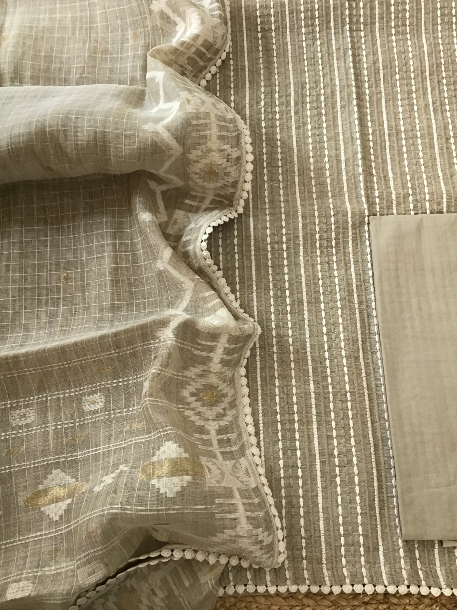 Soft Slub Chanderi Embroidered Suit - Beige