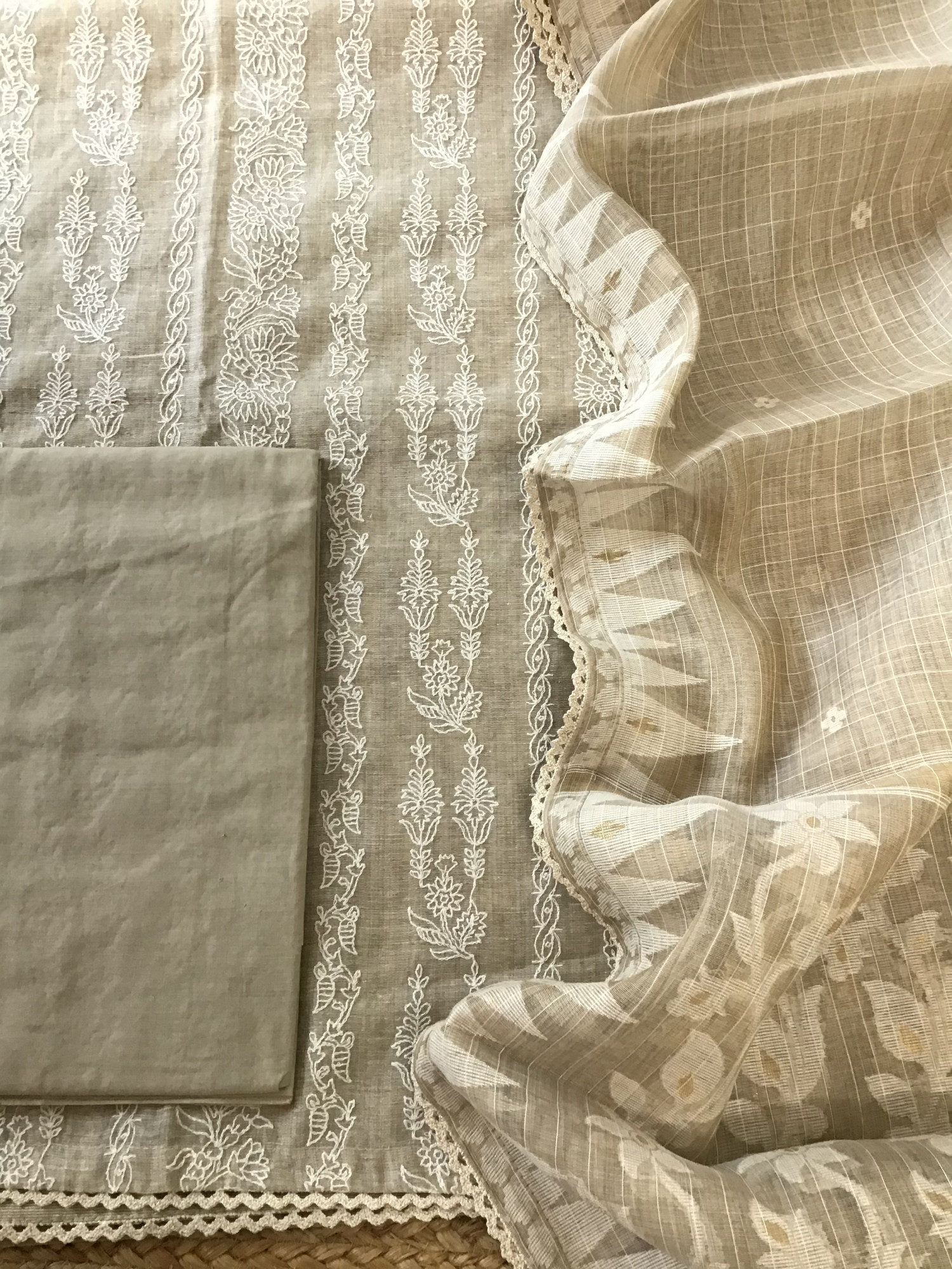 Soft Slub Chanderi Embroidered Suit - Beige