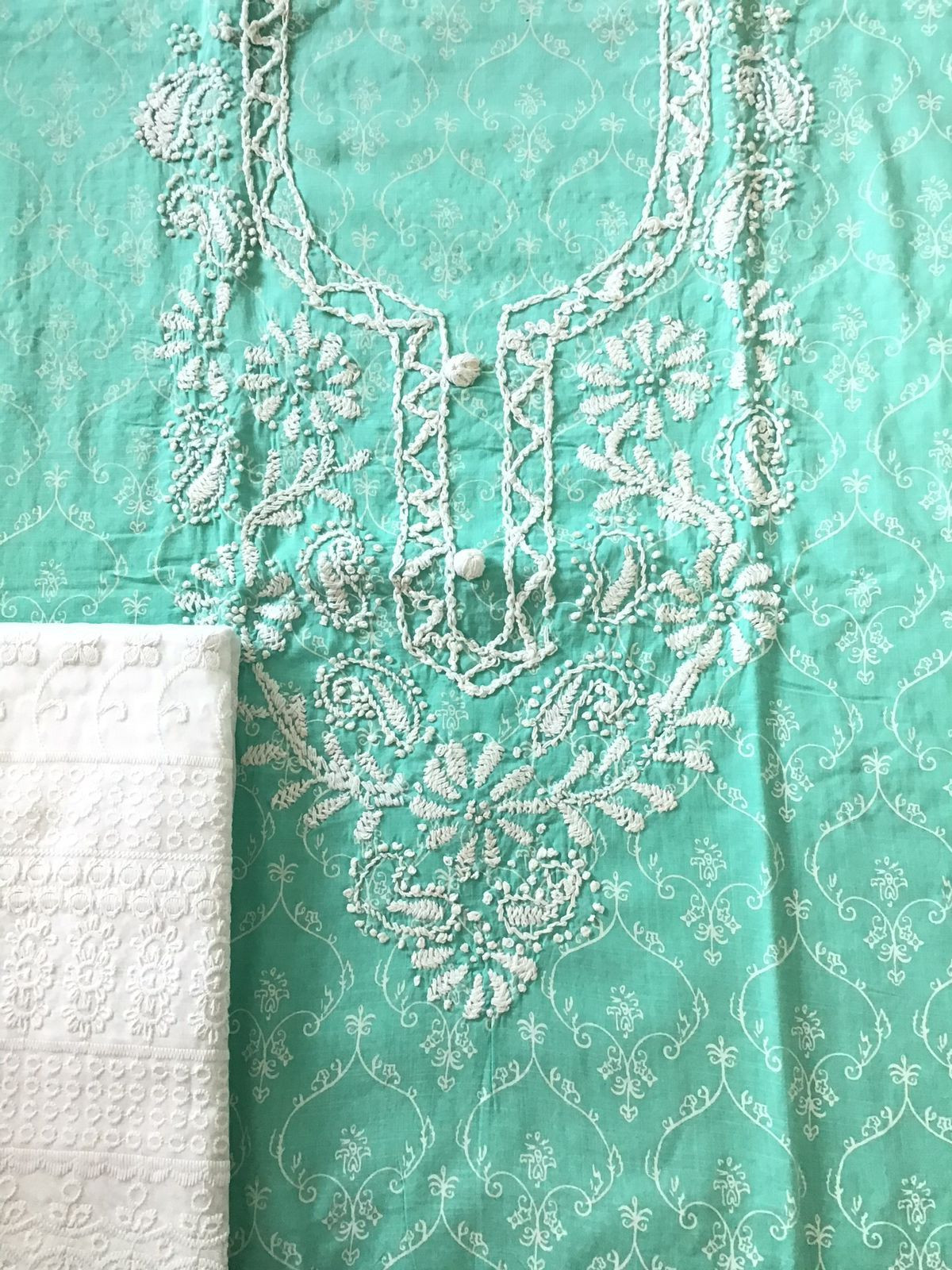 Pure Cotton Printed Embroidered Suit - Green