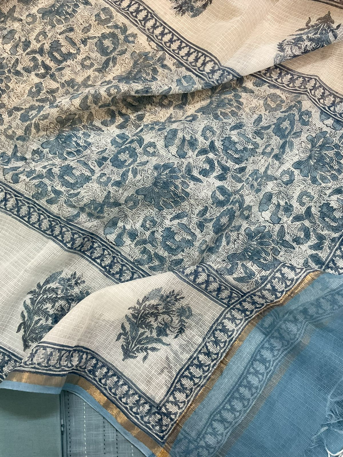 Pure Handloom Cotton Printed Embroidered Suit - Blue