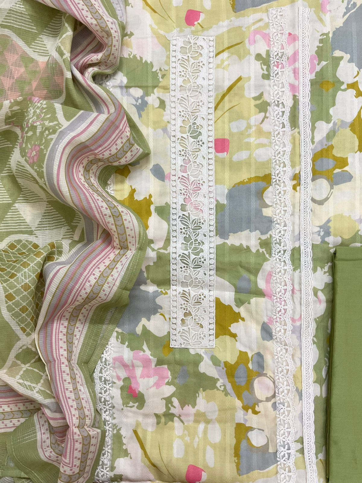 Pure Cotton Printed Embroidered Suit - Green