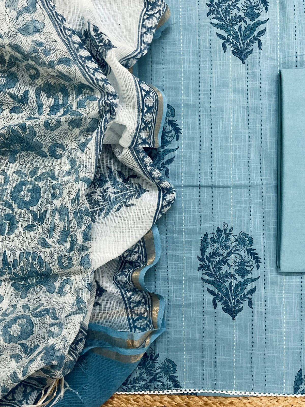 Pure Handloom Cotton Printed Embroidered Suit - Blue