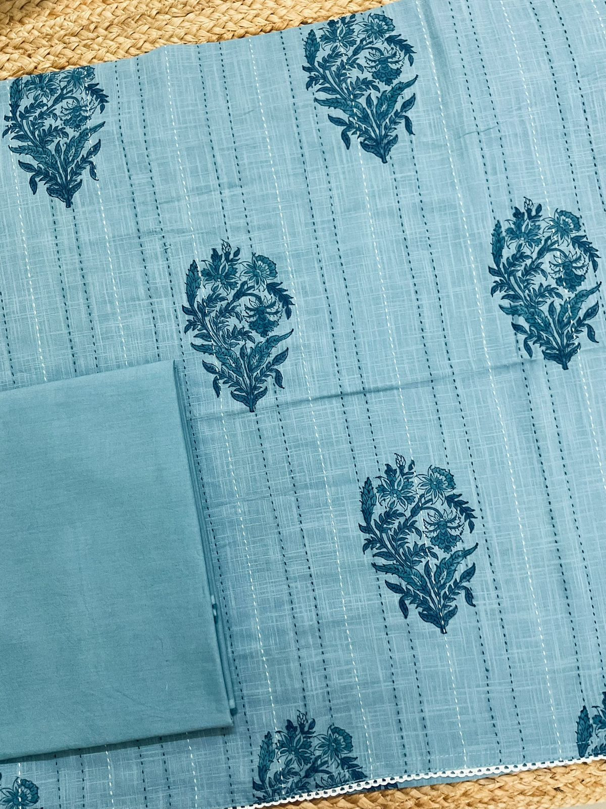 Pure Handloom Cotton Printed Embroidered Suit - Blue
