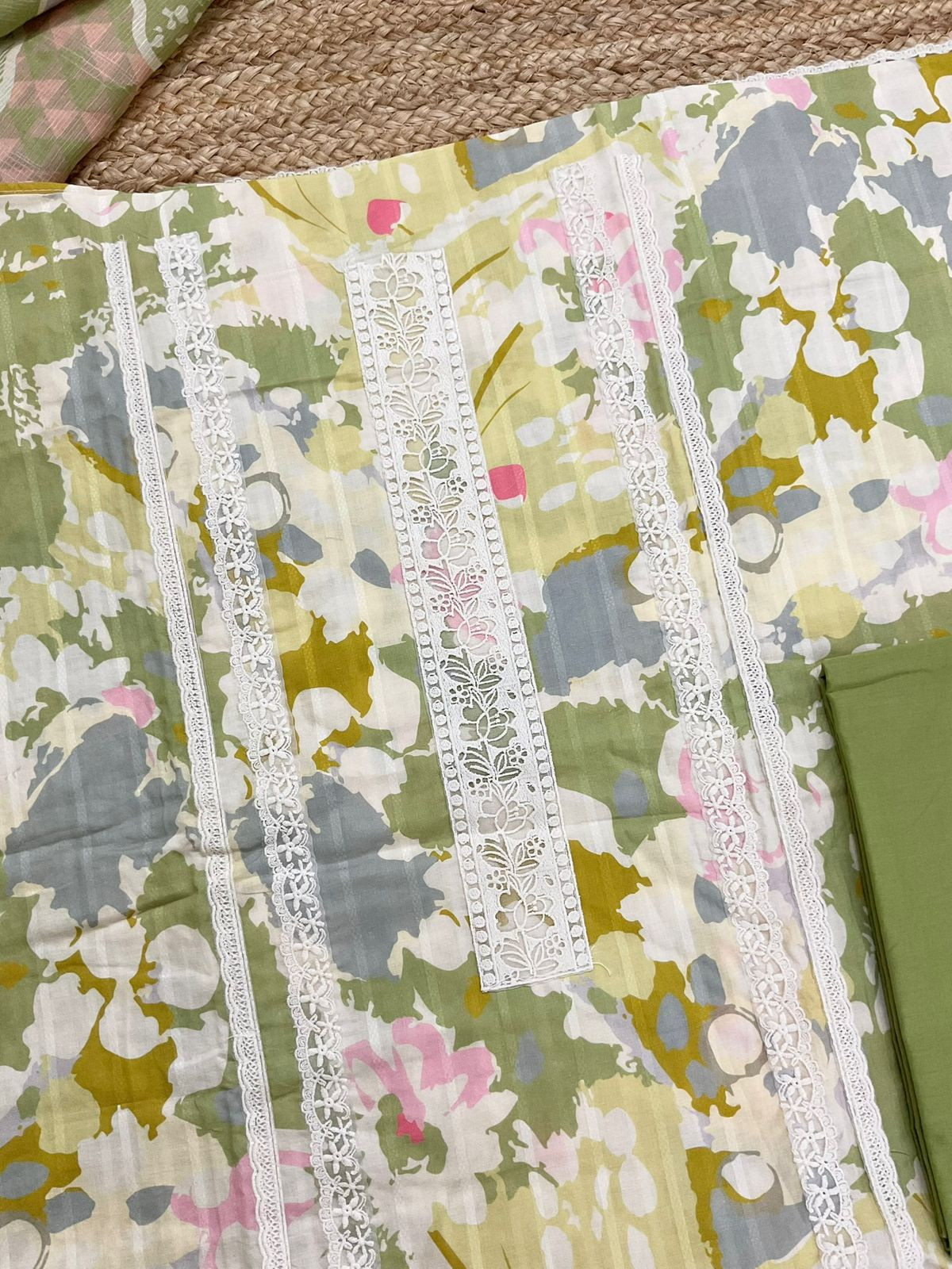 Pure Cotton Printed Embroidered Suit - Green