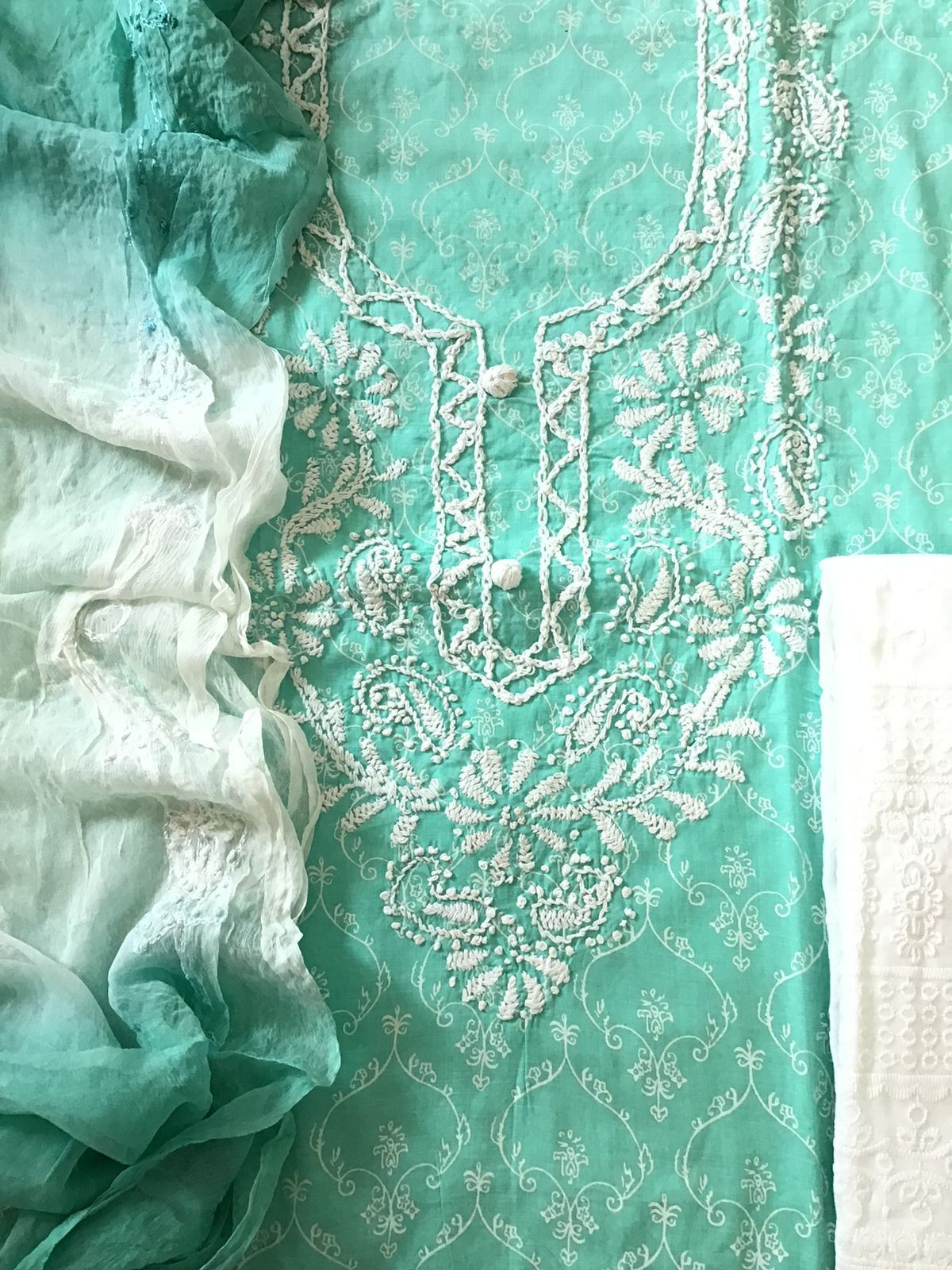 Pure Cotton Printed Embroidered Suit - Green