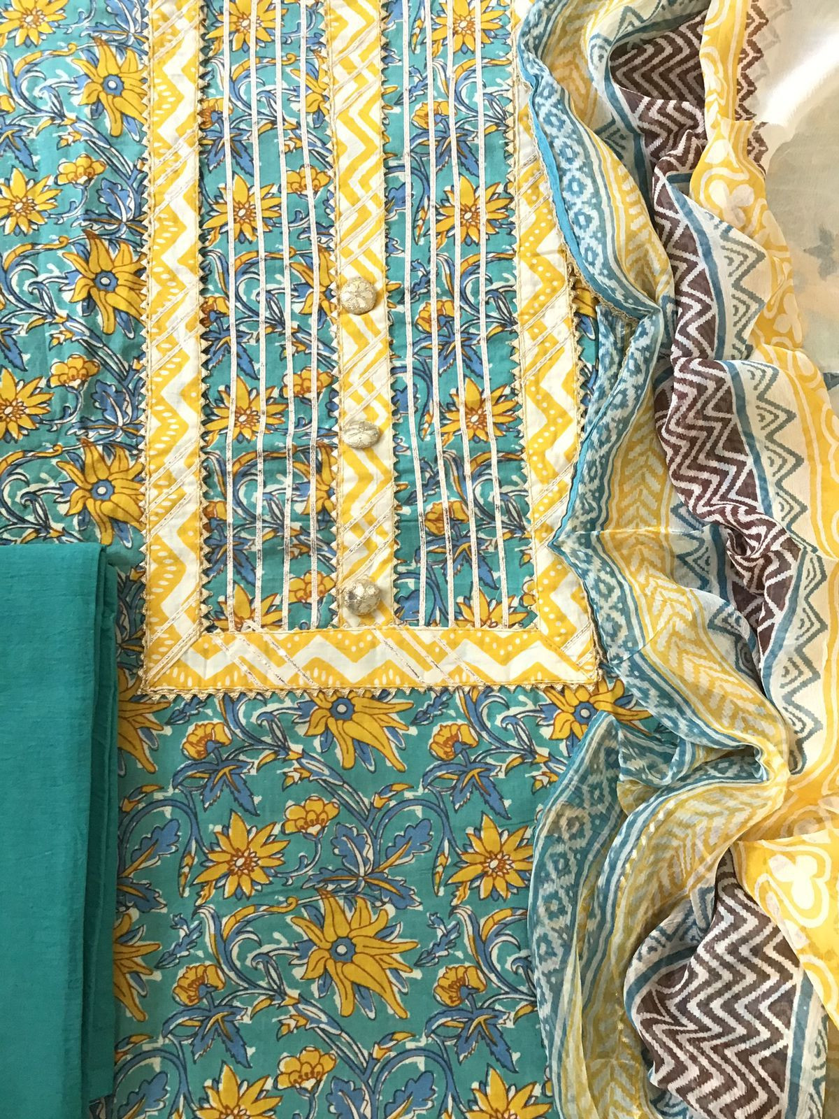 Pure Cotton Printed Embroidered Suit - Blue