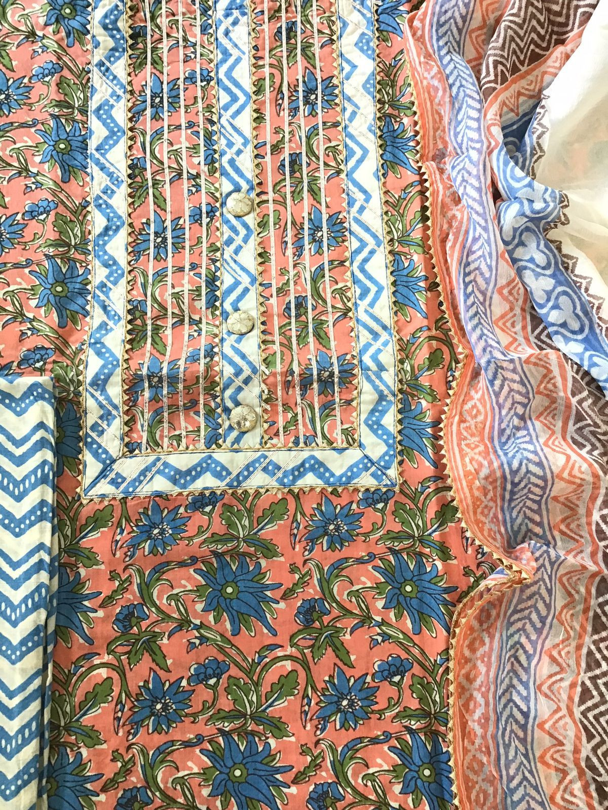 Pure Cotton Printed Embroidered Suit - Peach