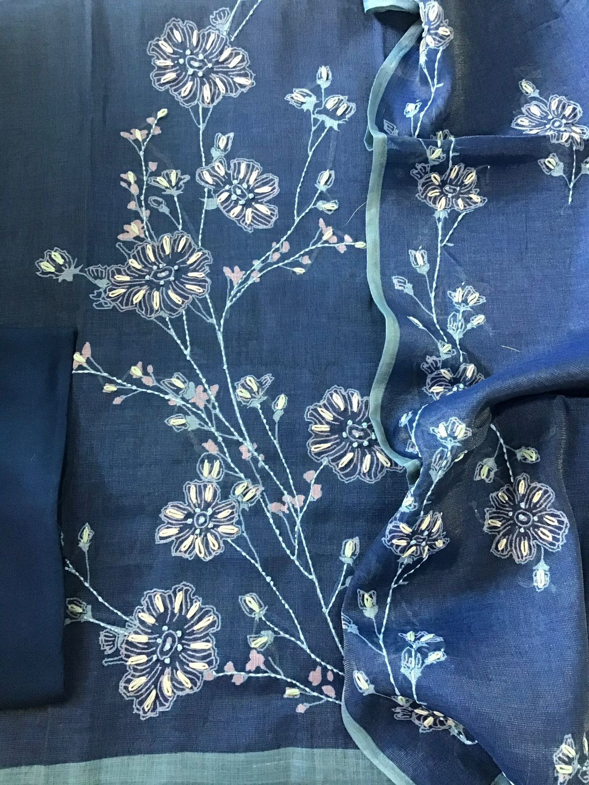 Soft Slub Tissue Cotton Printed Embroidered Suit - Blue