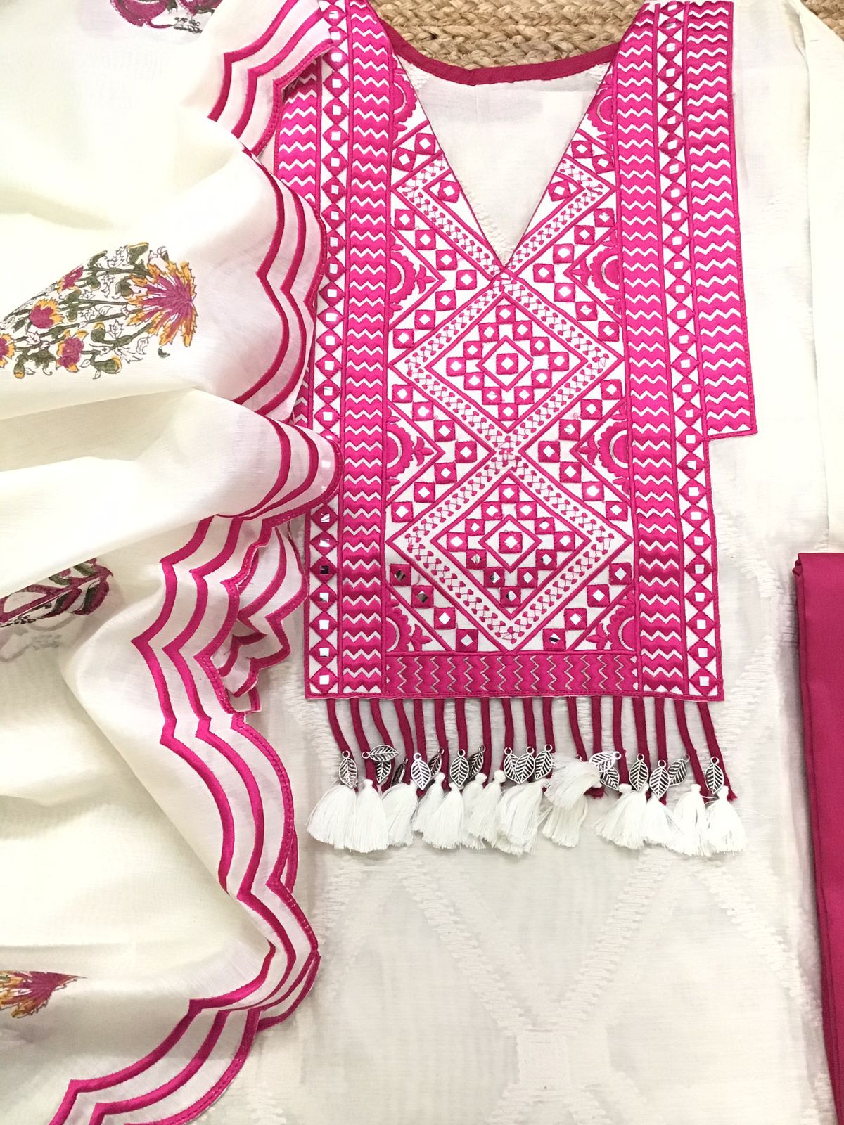 Pure Mul Chanderi Printed Embroidered Suit - Off White