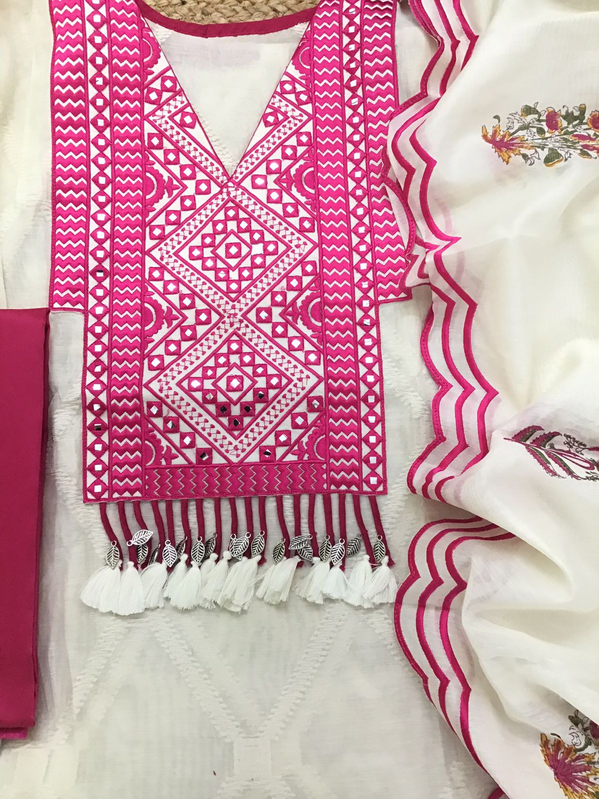 Pure Mul Chanderi Printed Embroidered Suit - Off White