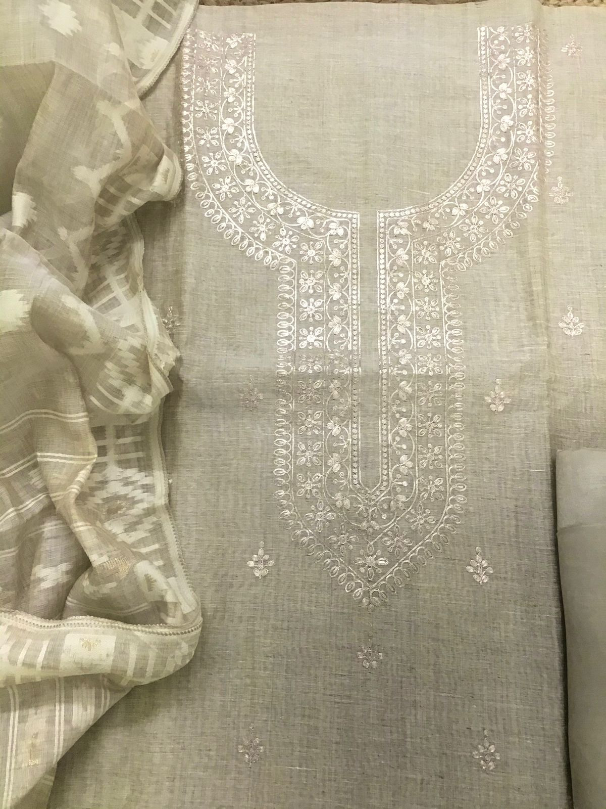 Soft Slub Chanderi Jamdani Weaved Embroidered Suit - Beige