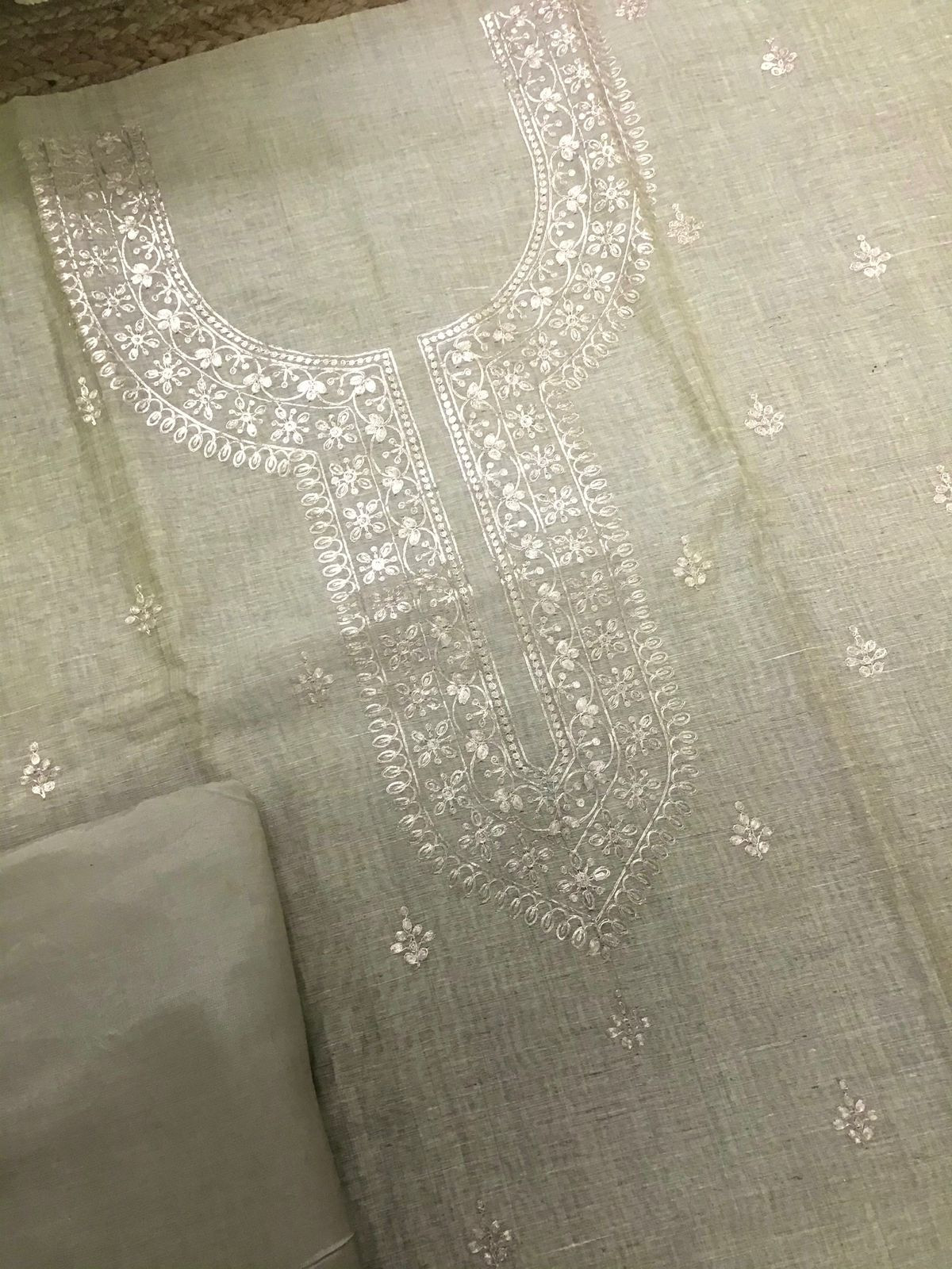 Soft Slub Chanderi Jamdani Weaved Embroidered Suit - Beige