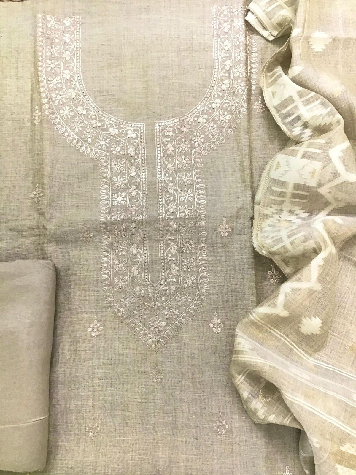 Soft Slub Chanderi Jamdani Weaved Embroidered Suit - Beige