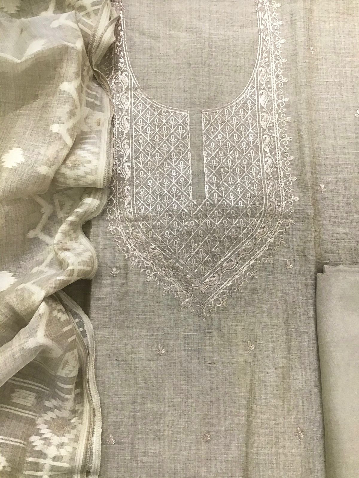 Soft Slub Chanderi Jamdani Weaved Embroidered Suit - Beige