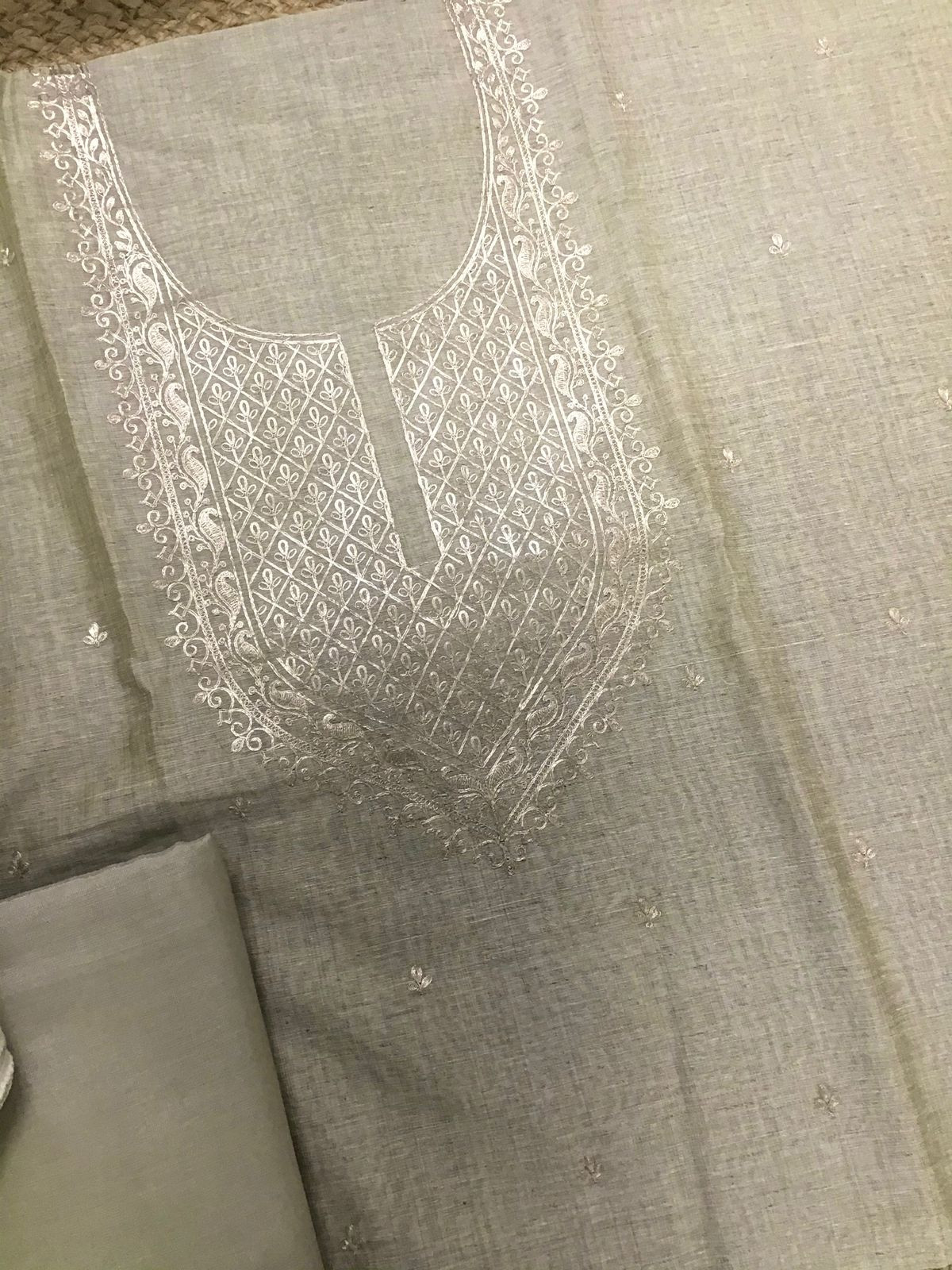 Soft Slub Chanderi Jamdani Weaved Embroidered Suit - Beige