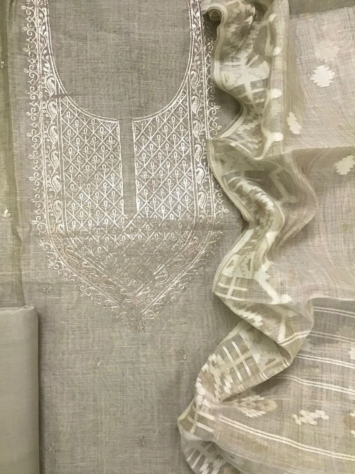 Soft Slub Chanderi Jamdani Weaved Embroidered Suit - Beige