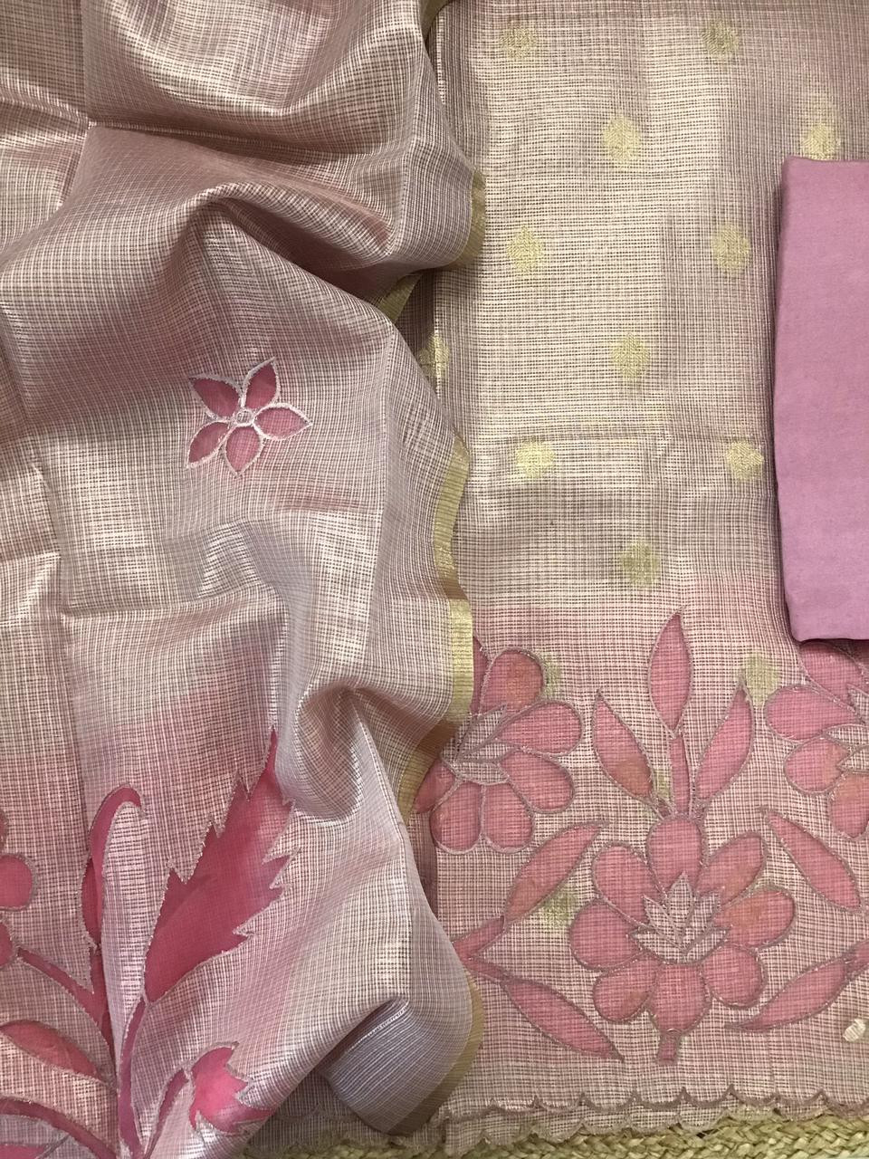 Soft Tissue Kota Silk Embroidered Suit - Pink