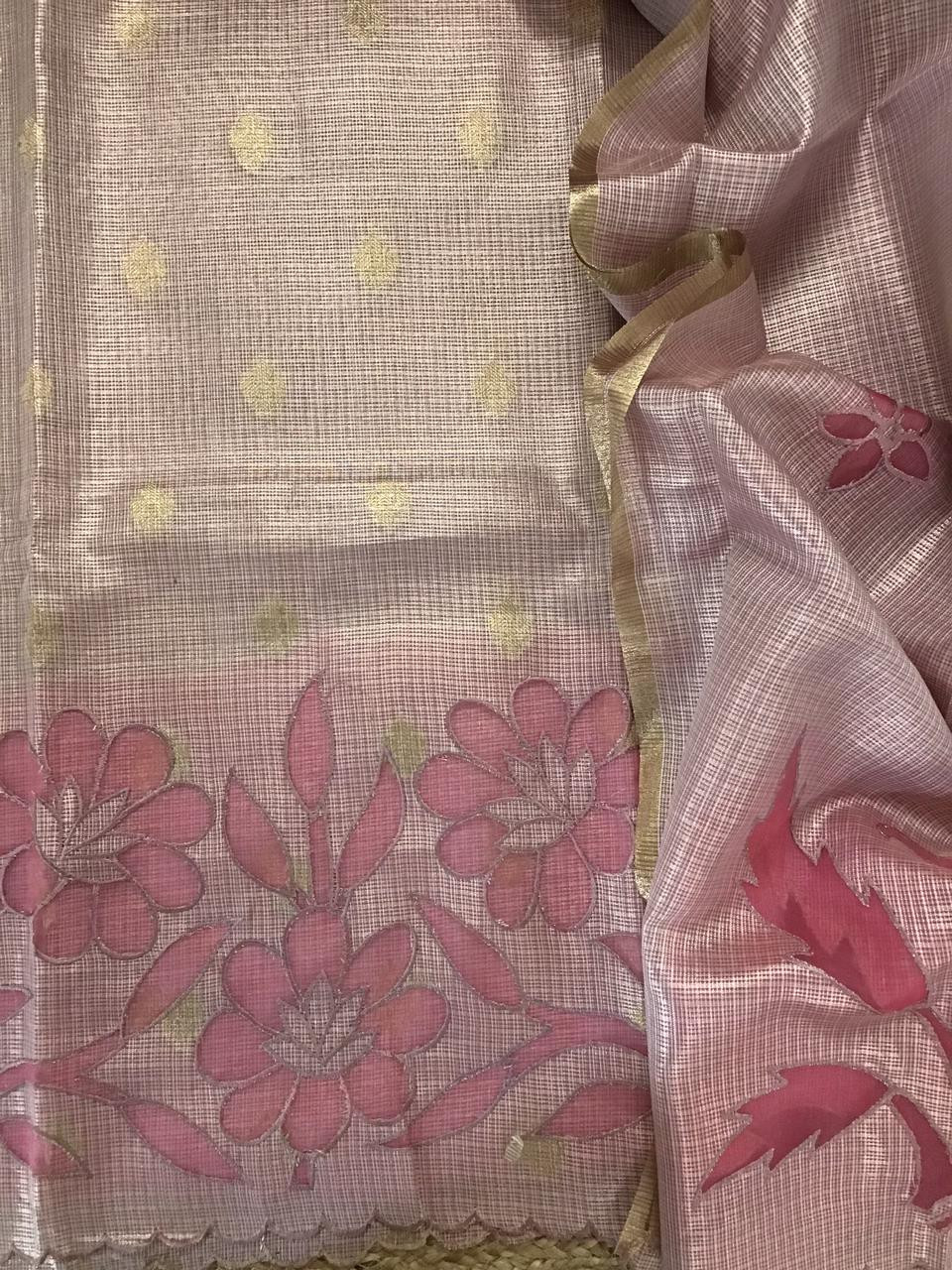 Soft Tissue Kota Silk Embroidered Suit - Pink