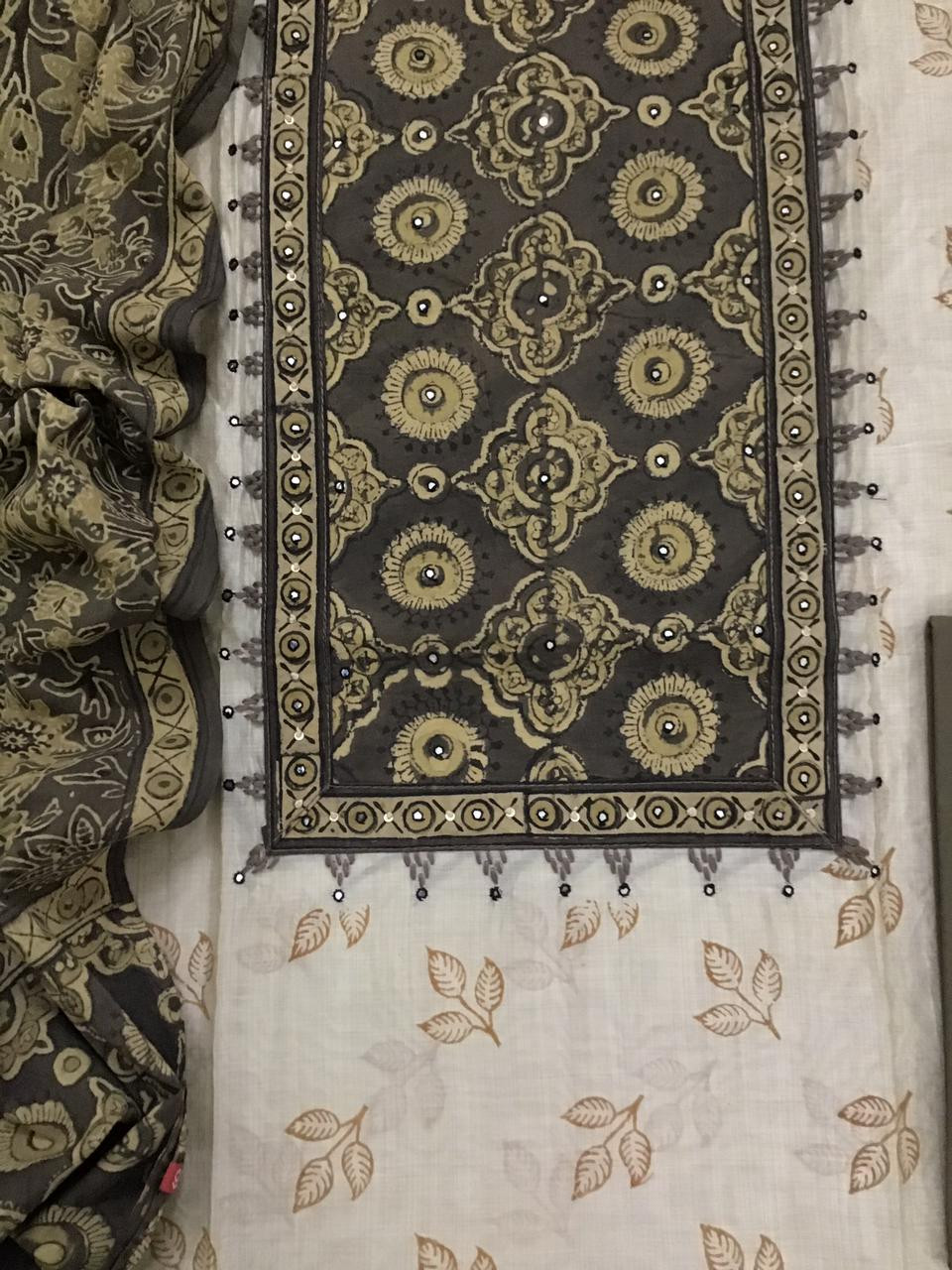 Soft Slub Chanderi Printed Embroidered Suit - Beige