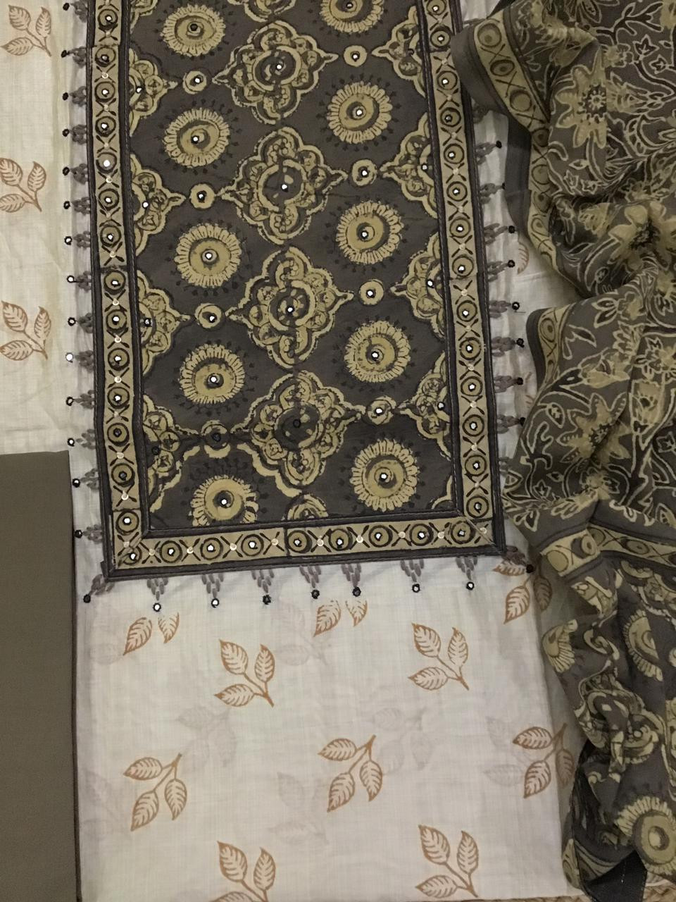 Soft Slub Chanderi Printed Embroidered Suit - Beige