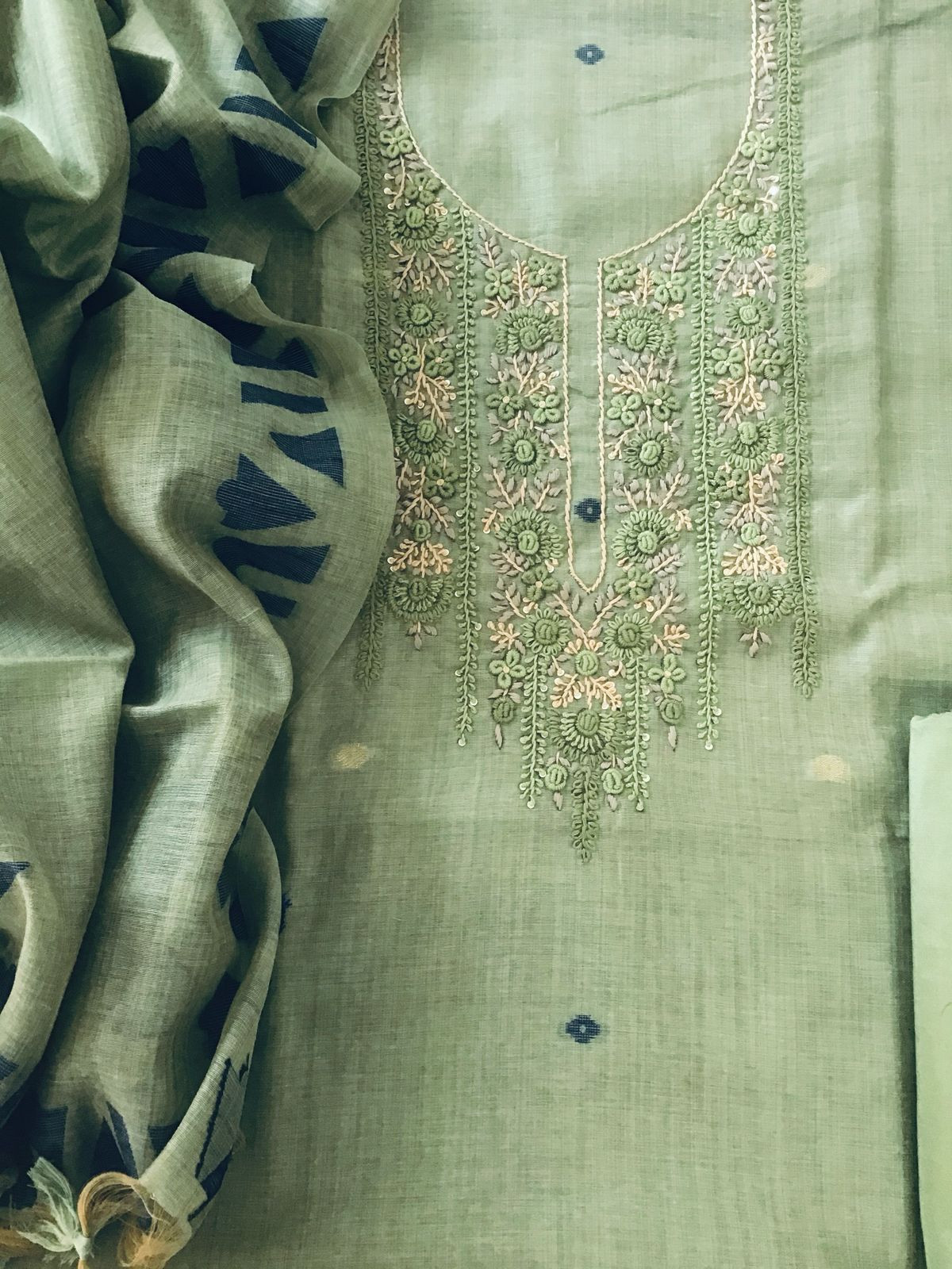 Soft Fine Slub Chanderi Jamdani Weaved Embroidered Suit - Green