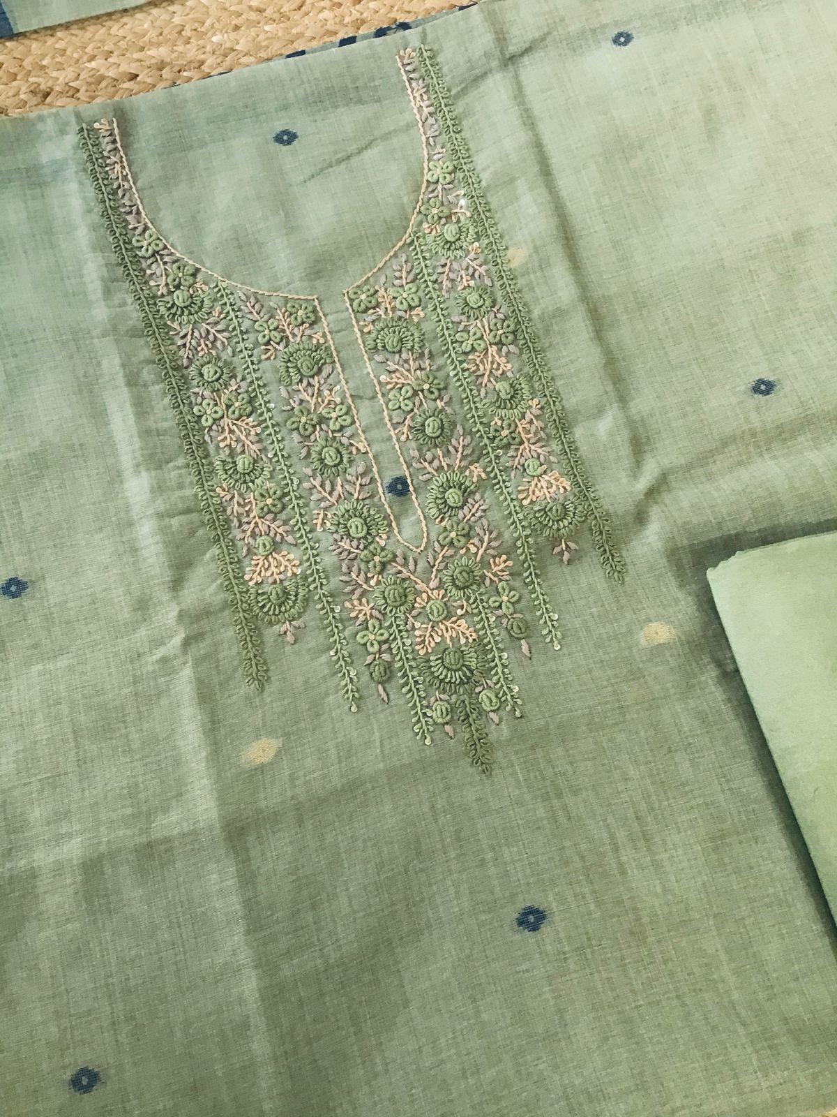 Soft Fine Slub Chanderi Jamdani Weaved Embroidered Suit - Green