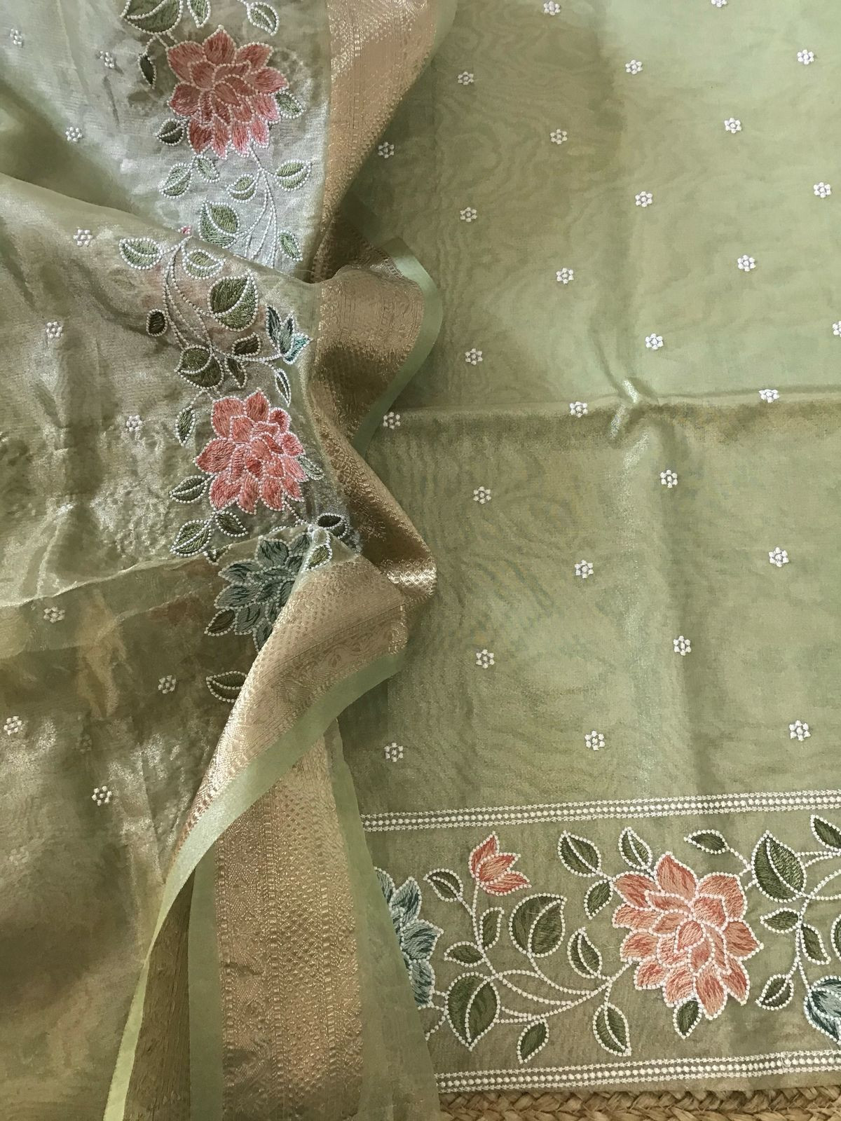 Soft Fine Tissue Organza Embroidered Suit - Green