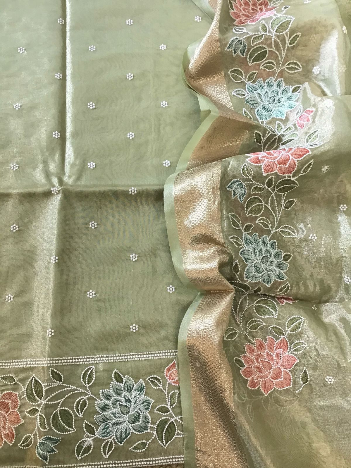 Soft Fine Tissue Organza Embroidered Suit - Green