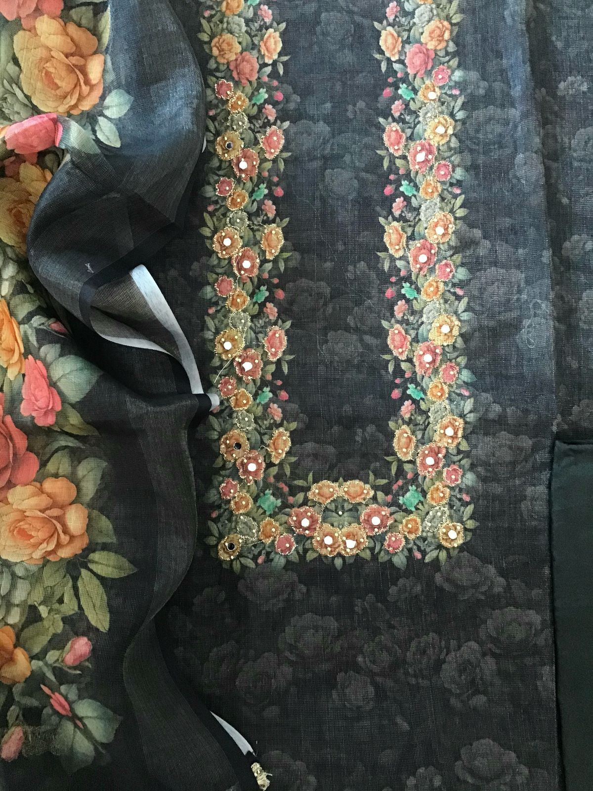 Soft Tissue Slub Cotton Printed Embroidered Suit - Black