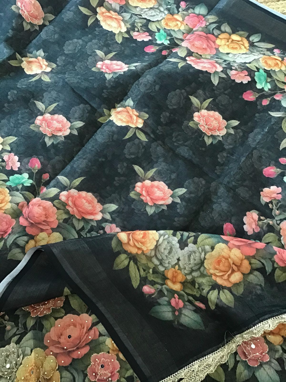 Soft Tissue Slub Cotton Printed Embroidered Suit - Black