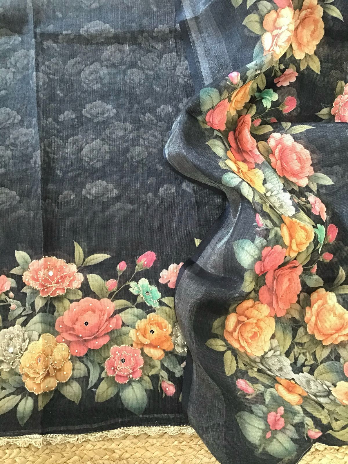 Soft Tissue Slub Cotton Printed Embroidered Suit - Black