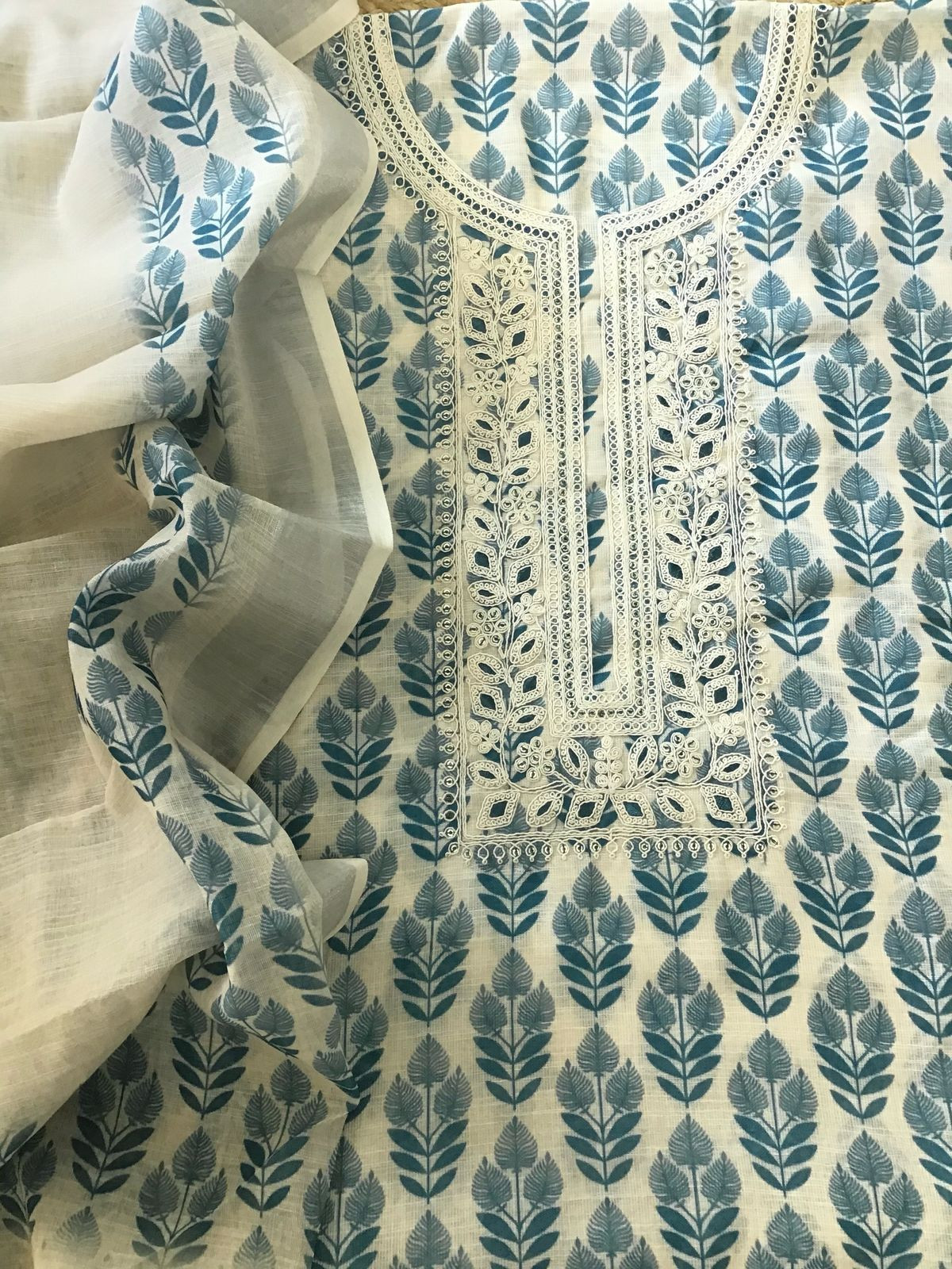 Soft Linen Jute Cotton Printed Embroidered Suit - Cream