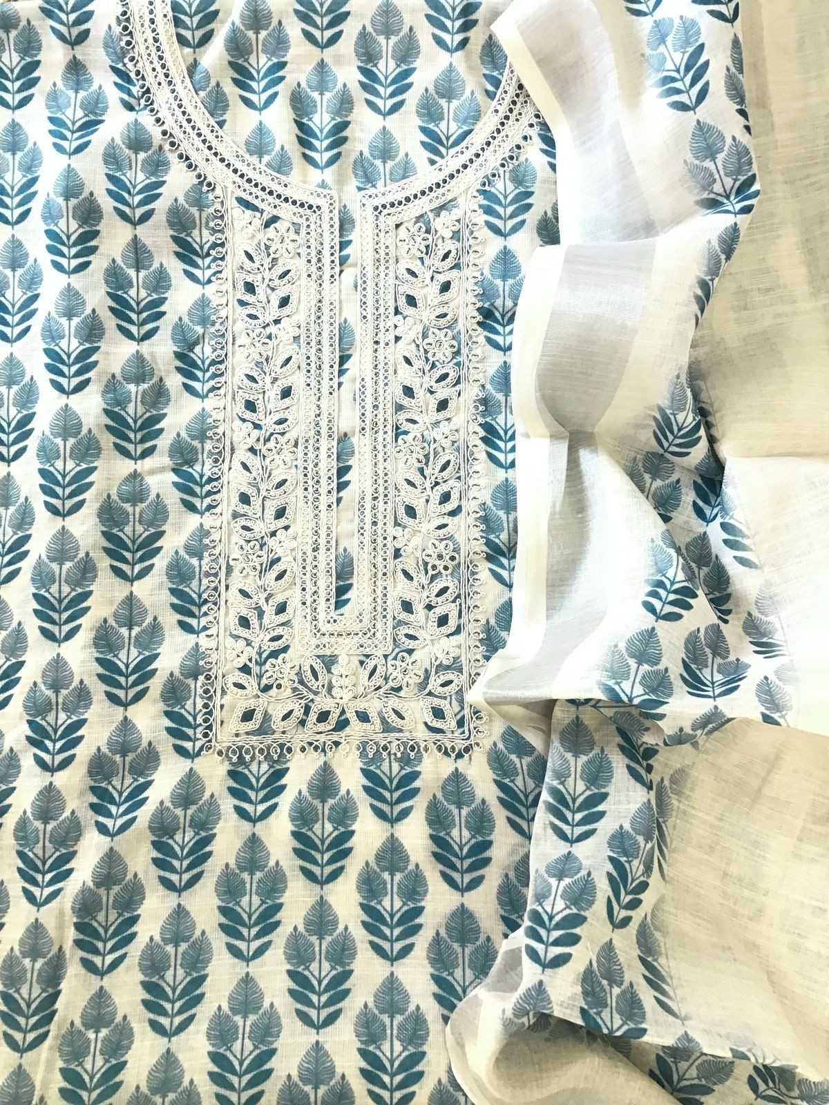 Soft Linen Jute Cotton Printed Embroidered Suit - Cream