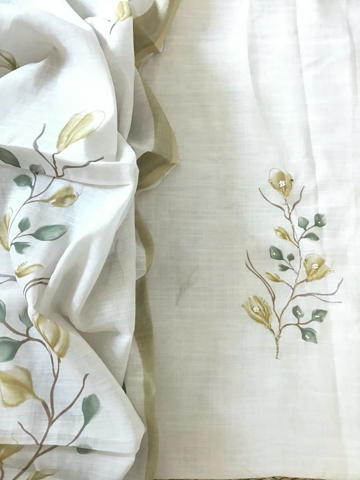 Soft Linen Jute Cotton Printed Embroidered Suit - Off White