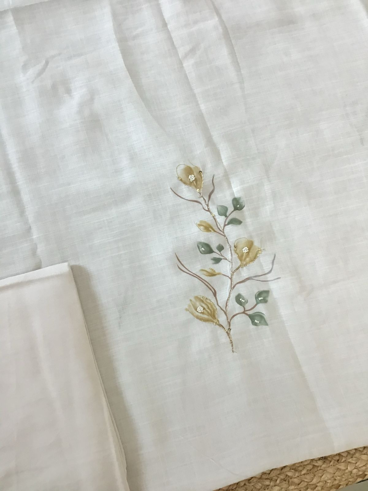 Soft Linen Jute Cotton Printed Embroidered Suit - Off White