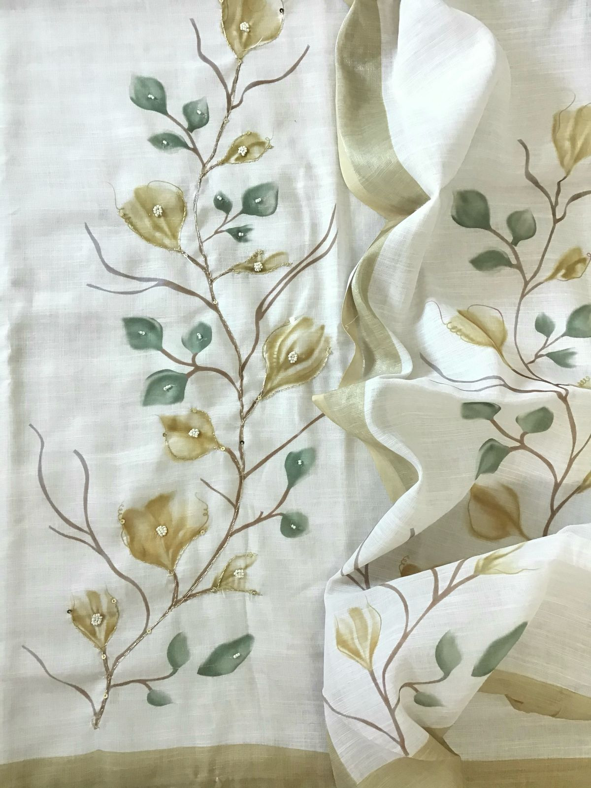 Soft Linen Jute Cotton Printed Embroidered Suit - Off White