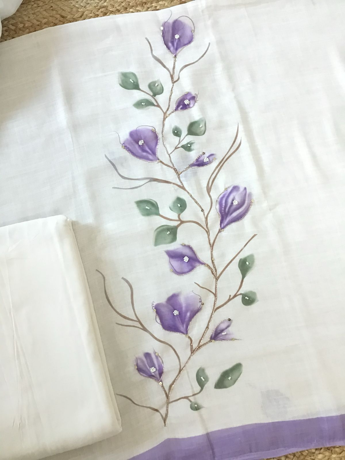 Soft Linen Jute Cotton Printed Embroidered Suit - Off White