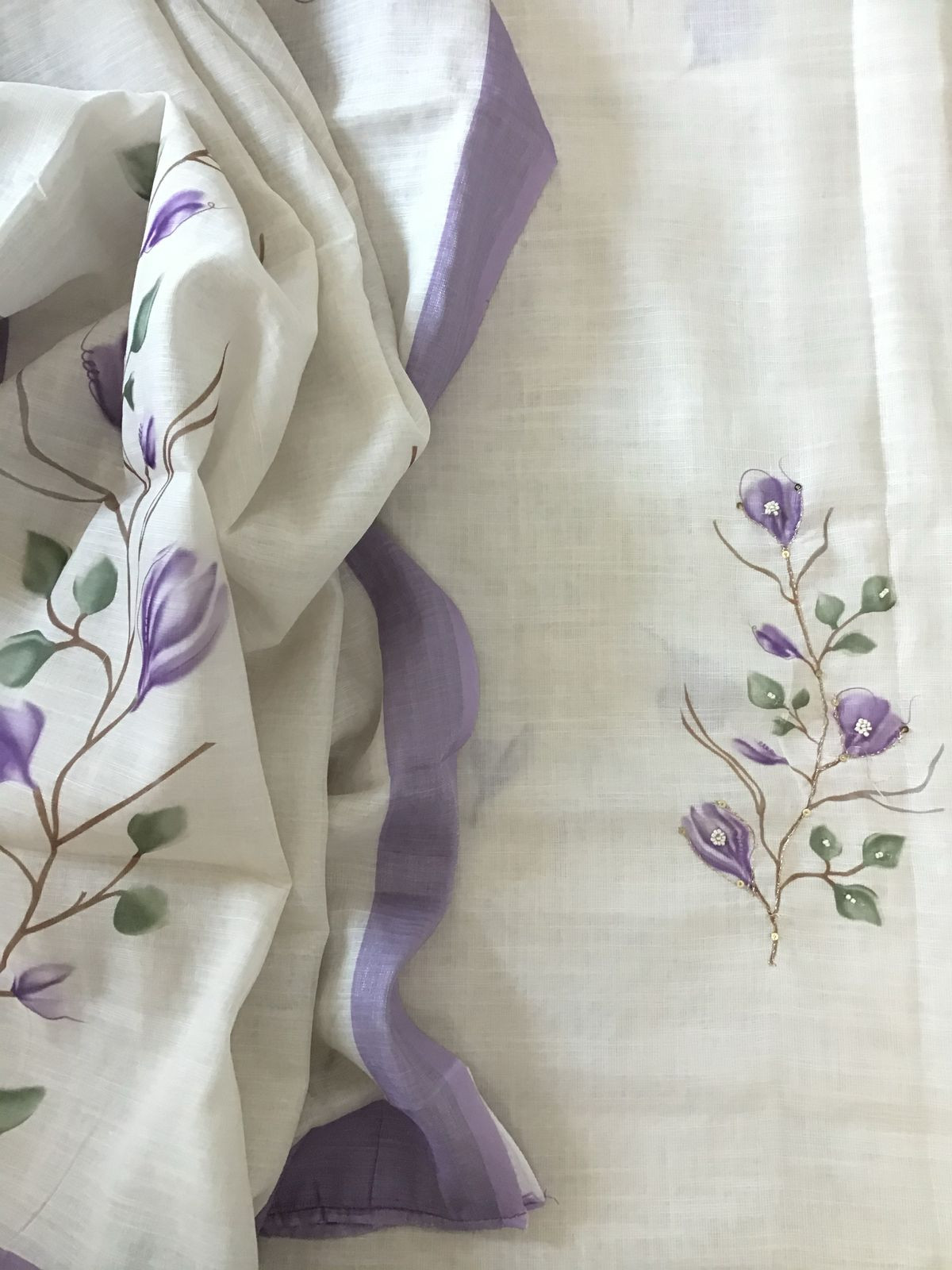 Soft Linen Jute Cotton Printed Embroidered Suit - Off White