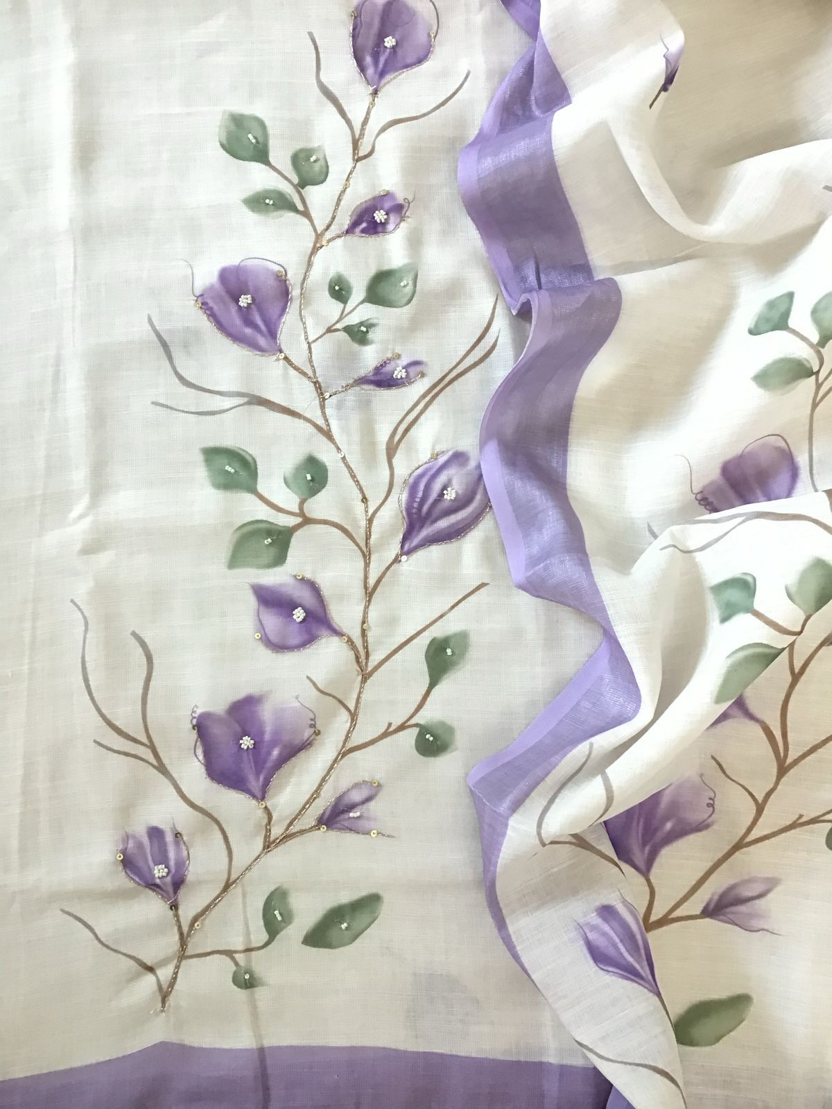 Soft Linen Jute Cotton Printed Embroidered Suit - Off White