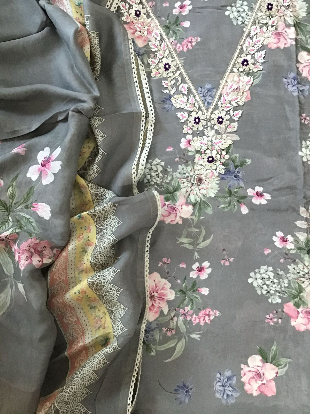 Pure Muslin Printed Embroidered Suit - Grey