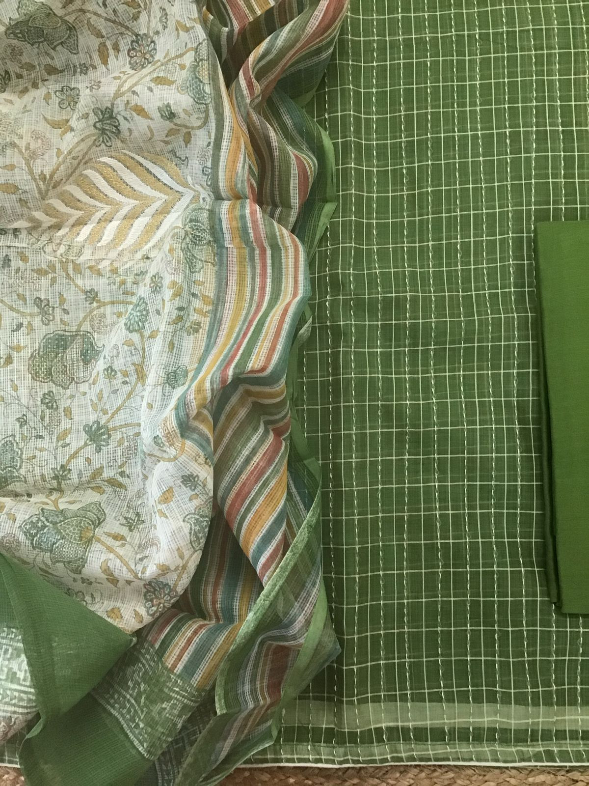 Soft Fine Supernet Self Weaved Embroidered Suit - Green