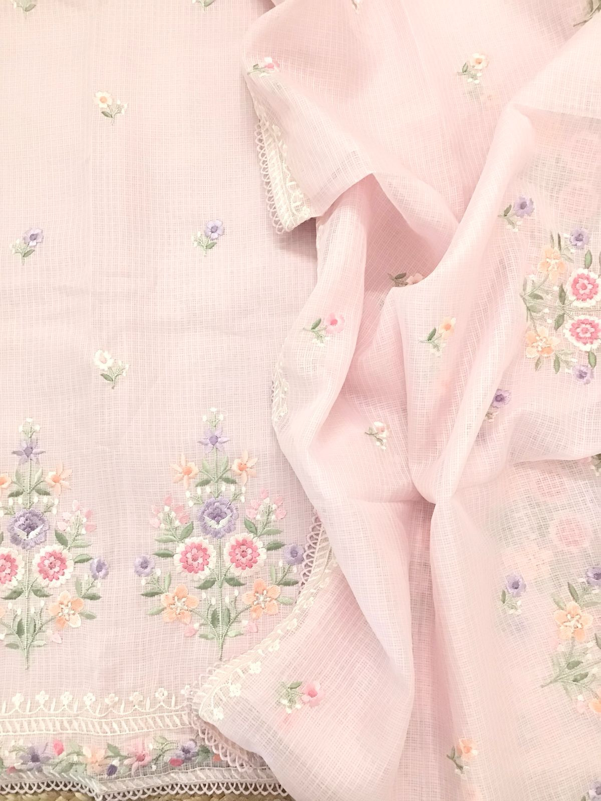 Soft Kota Silk Embroidered Suit - Pink