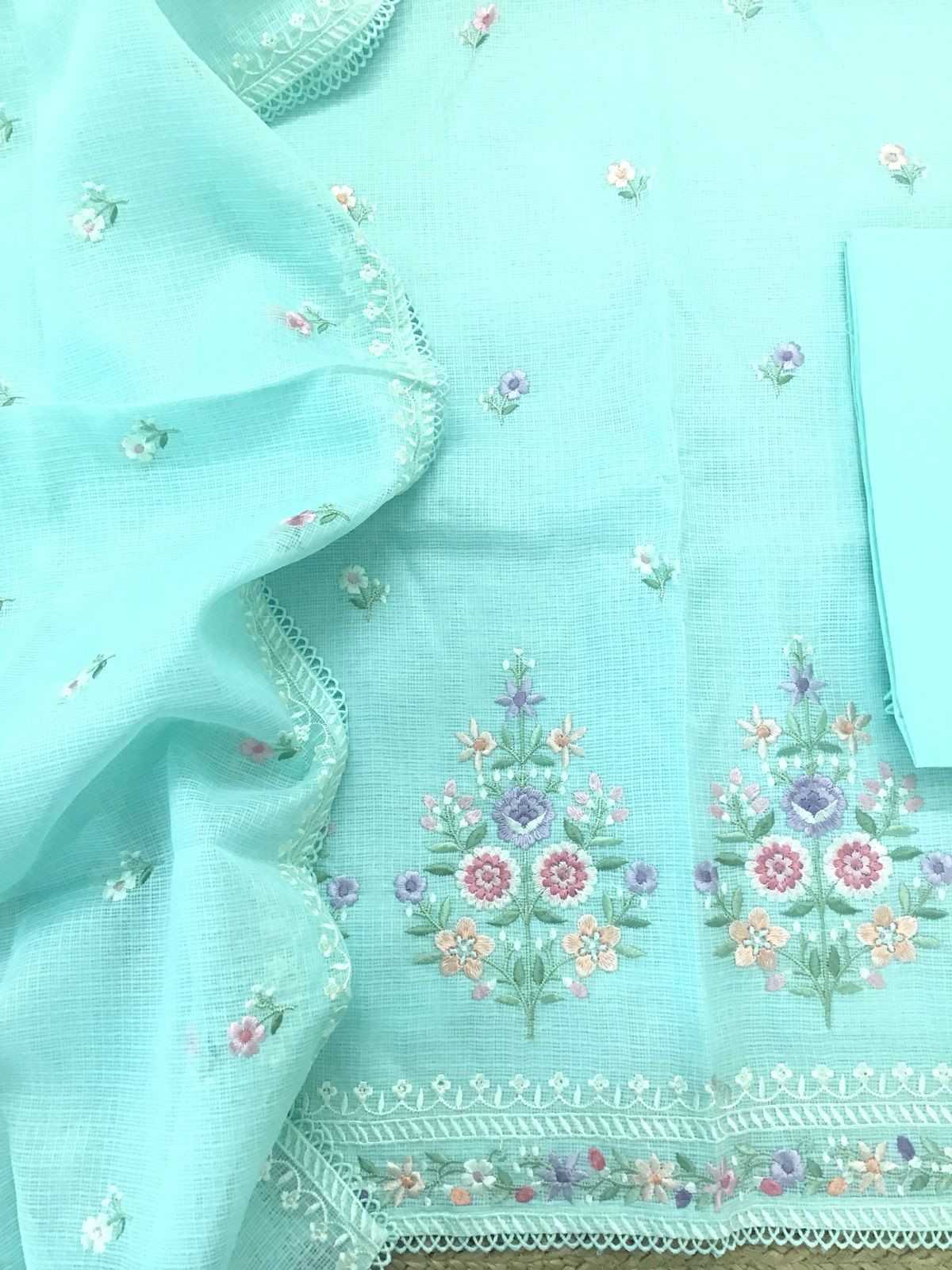 Soft Kota Silk Embroidered Suit - Blue