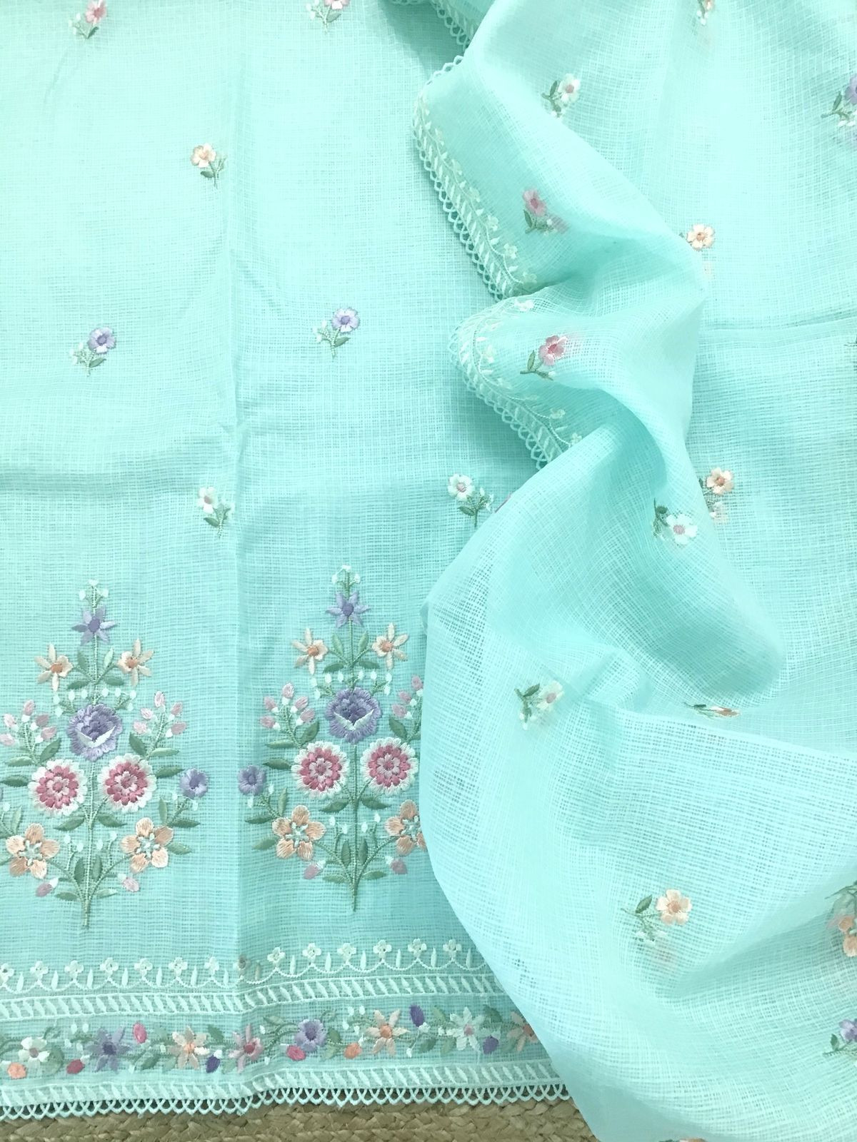 Soft Kota Silk Embroidered Suit - Blue