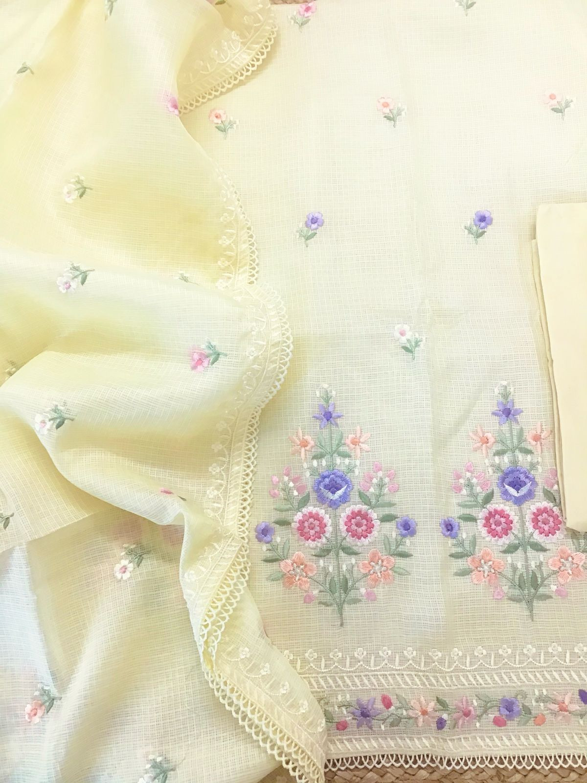 Soft Kota Silk Embroidered Suit - Yellow