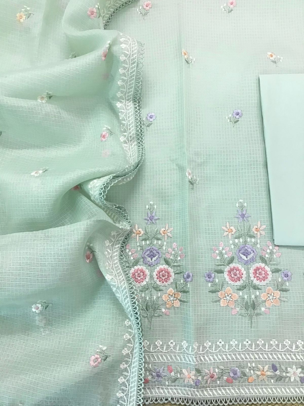 Soft Kota Silk Embroidered Suit - Green