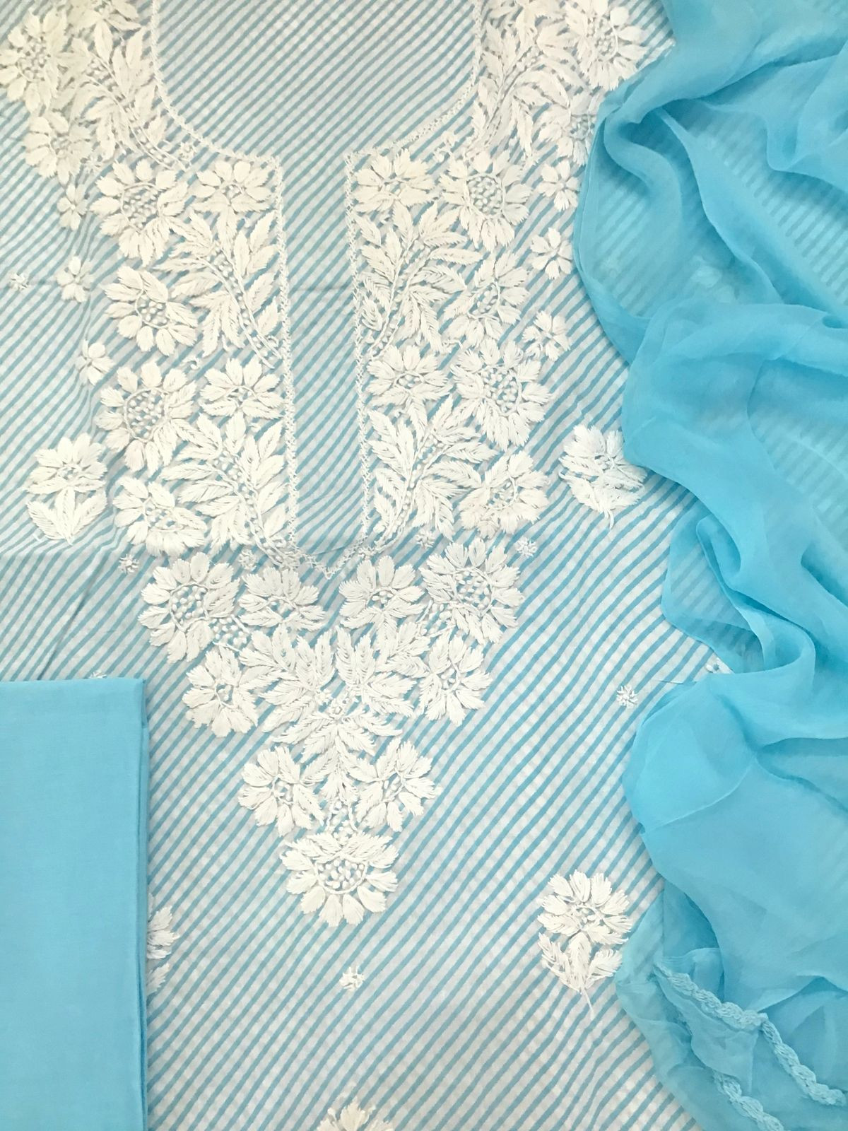 Pure Cotton Printed Chikankari Work Suit - Blue