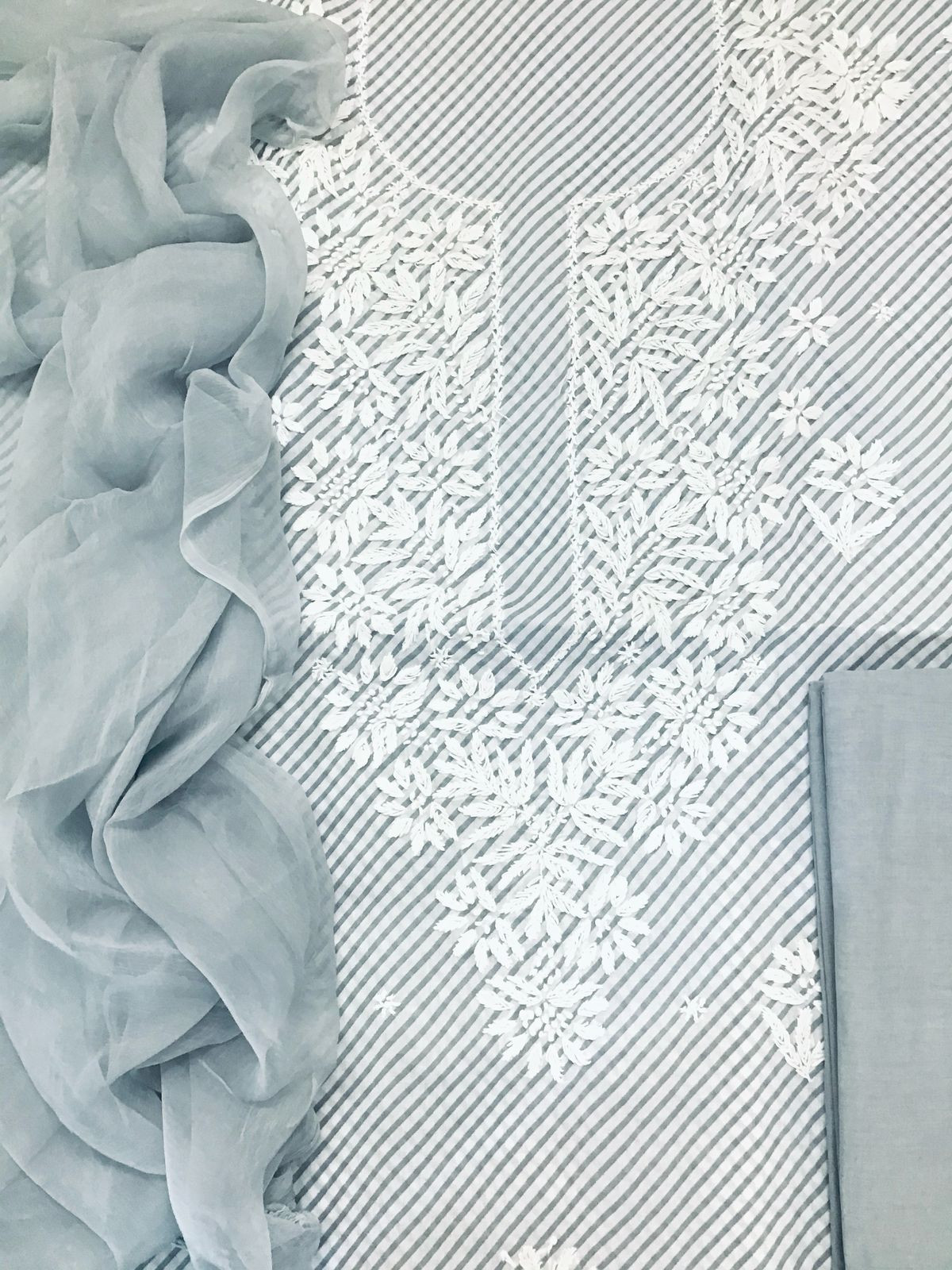 Pure Cotton Printed Chikankari Work Suit - Grey