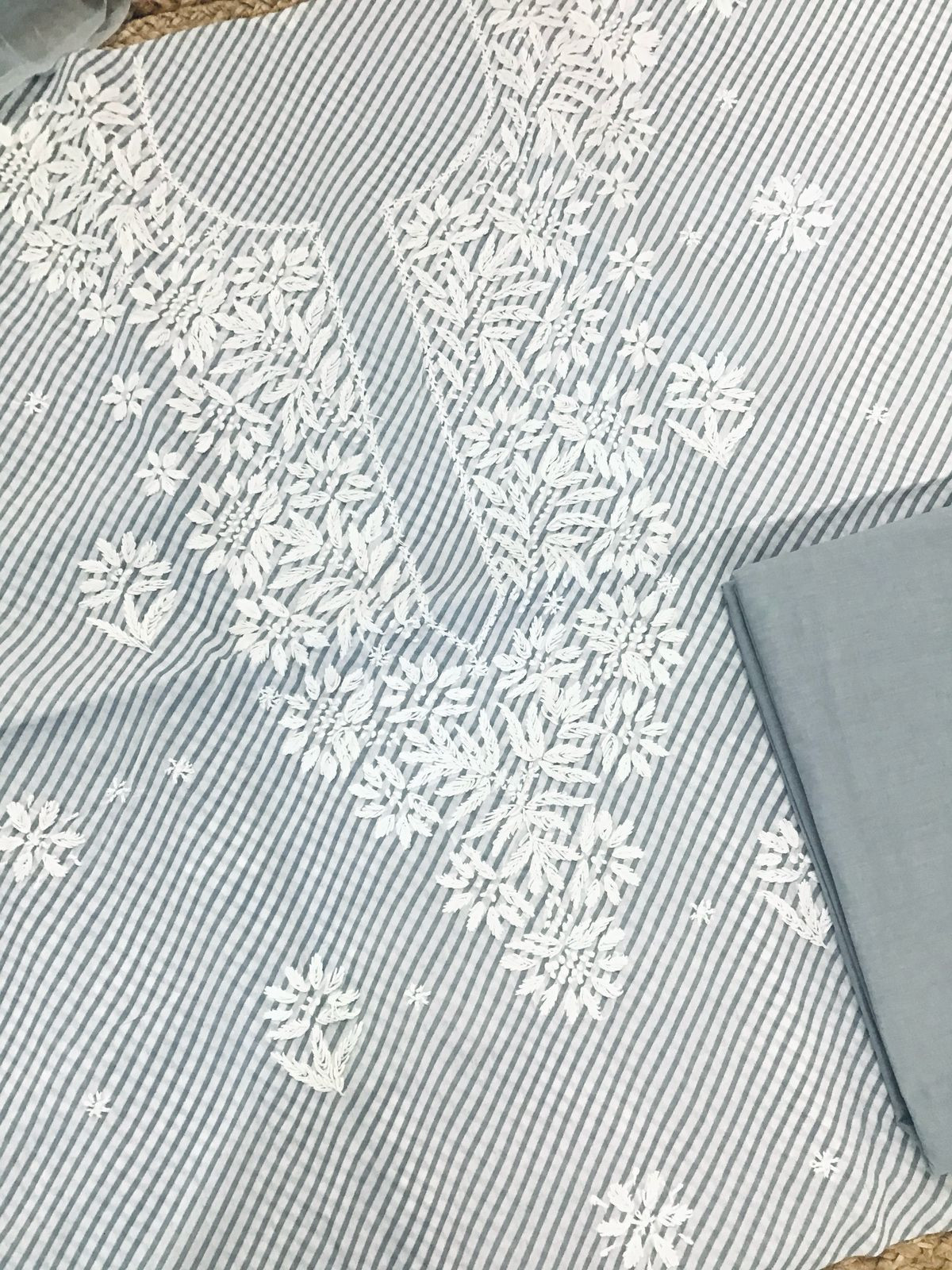 Pure Cotton Printed Chikankari Work Suit - Grey